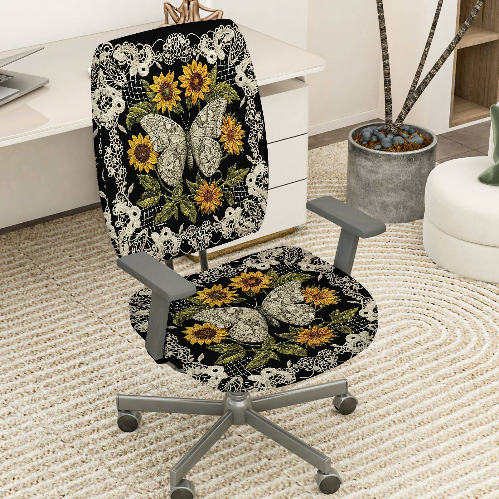 2-Piece Butterfly Floral Lace Sunflower Black  Computer Chair Cover Set, Seat and Backrest