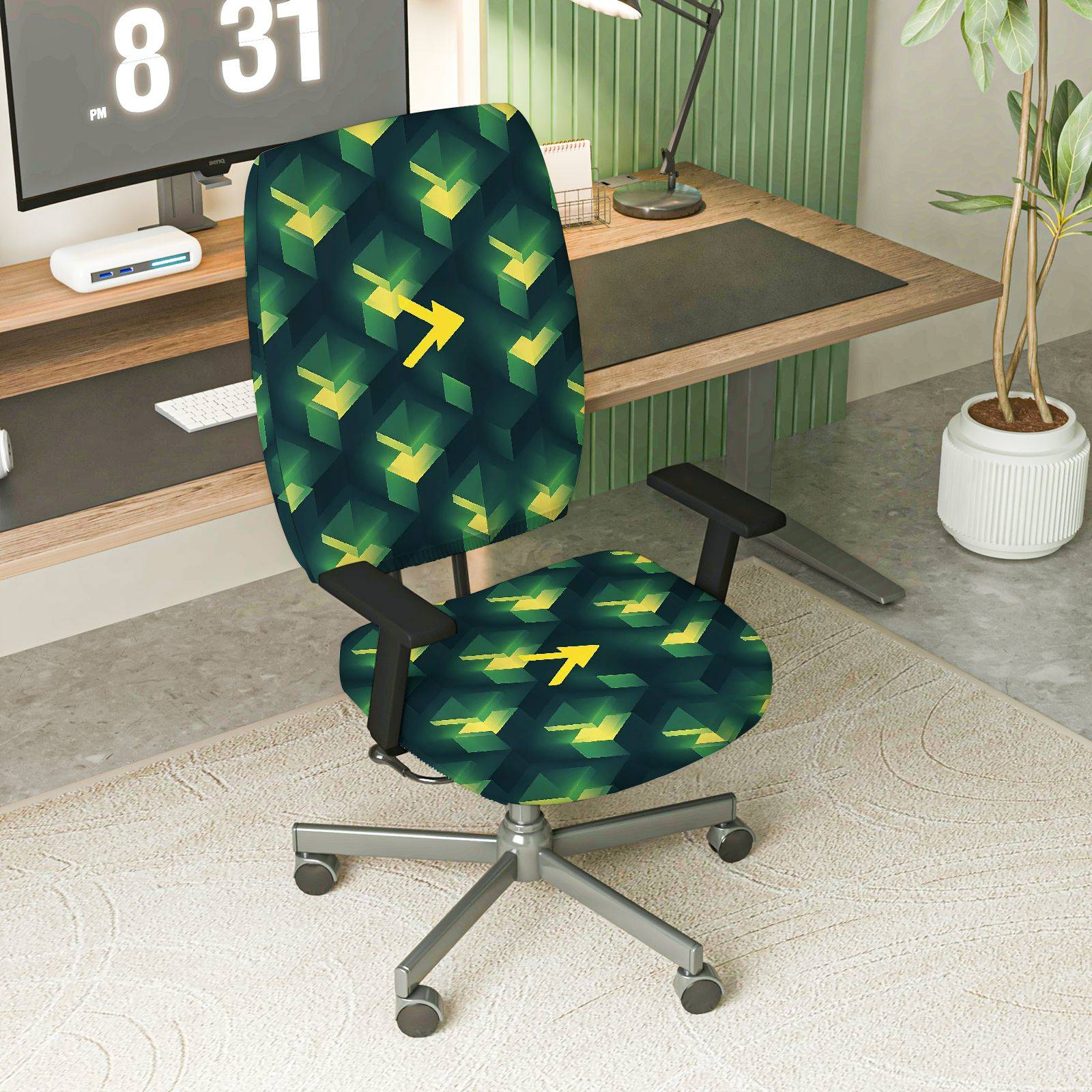 2-Piece Geometric Green Arrow Pattern  Computer Chair Cover Set, Seat and Backrest