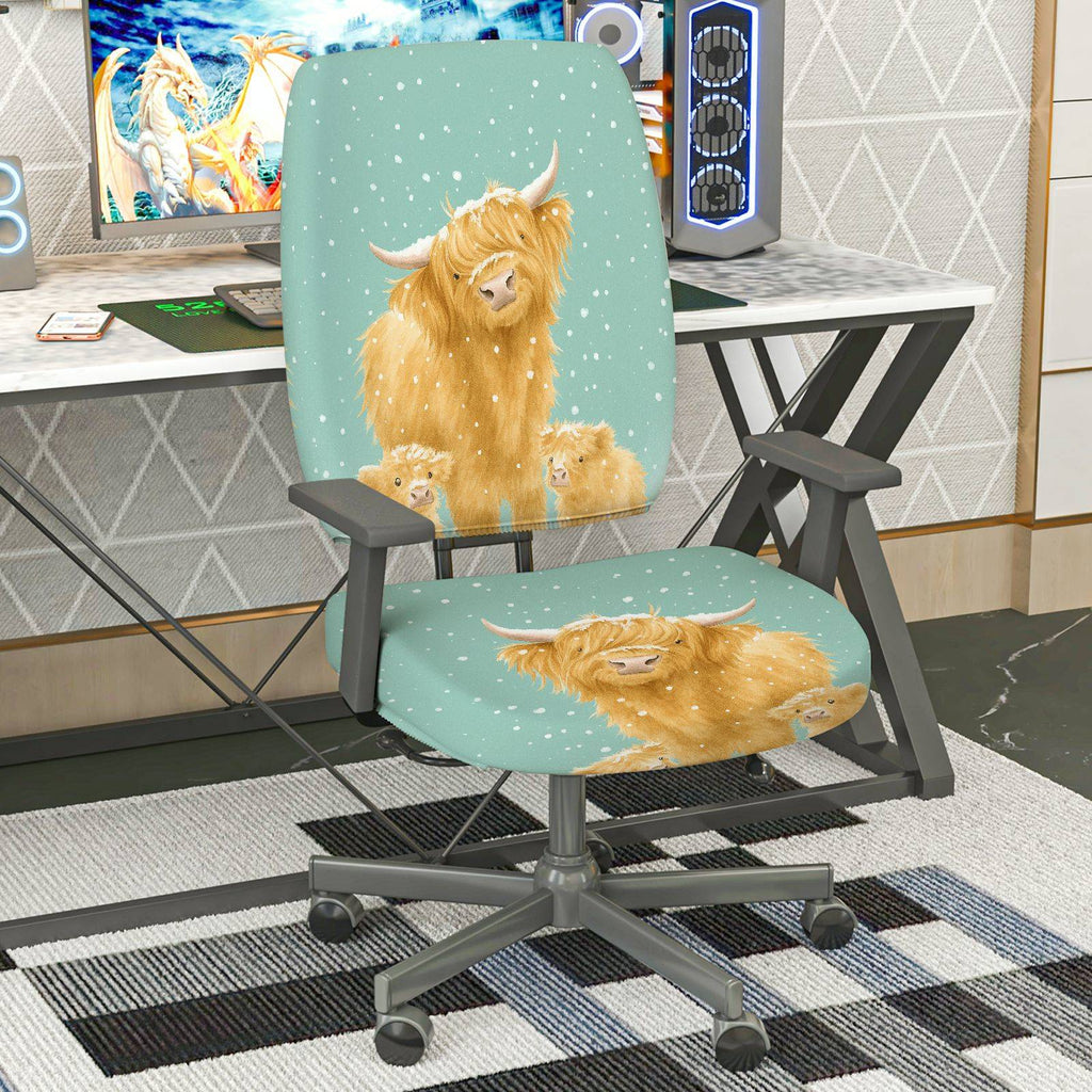 2-Piece Highland Cow Animal Pattern Cute Winter Snow  Computer Chair Cover Set, Seat and Backrest