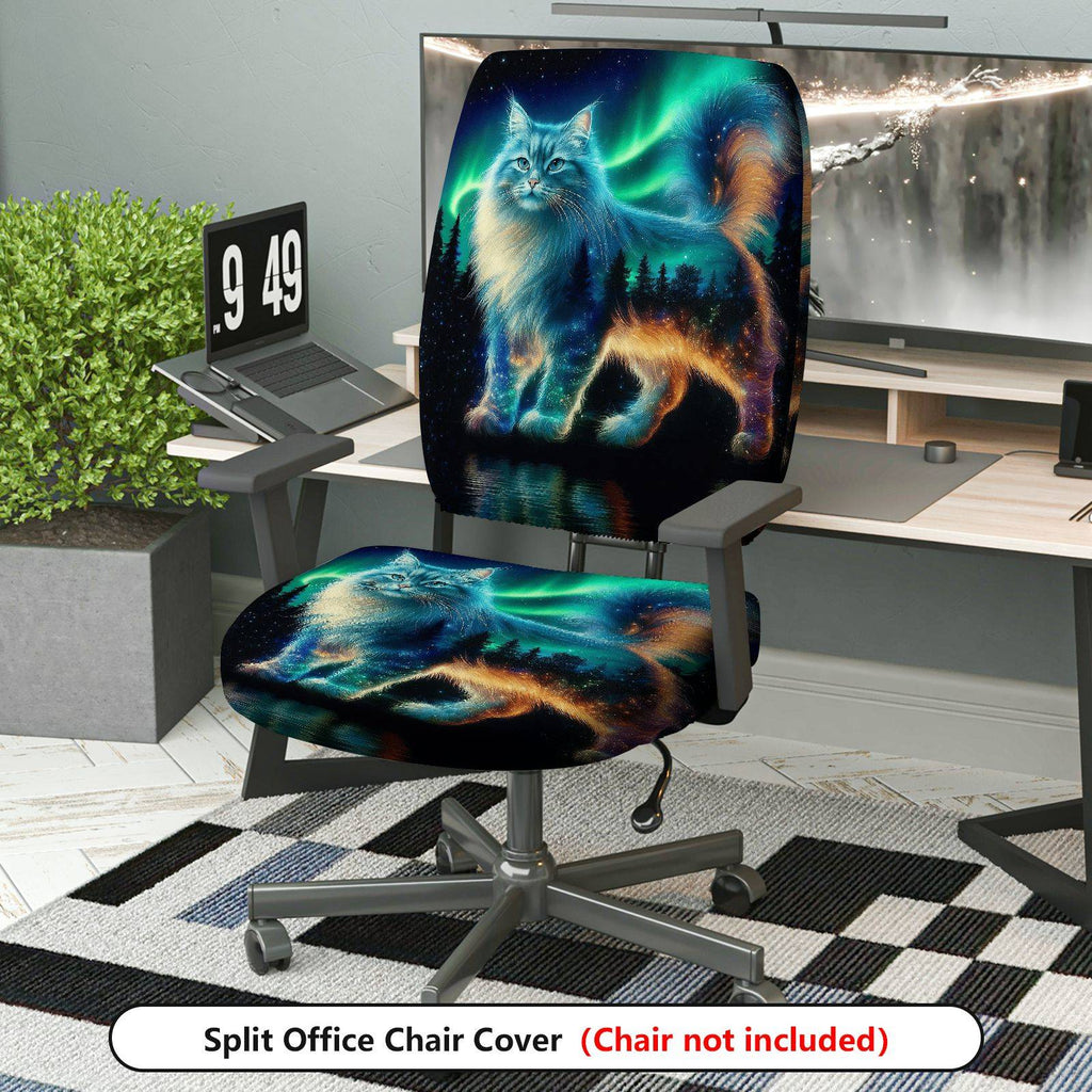 2-Piece Aurora Cat Galaxy Starry Forest Scenery  Computer Chair Cover Set, Seat and Backrest
