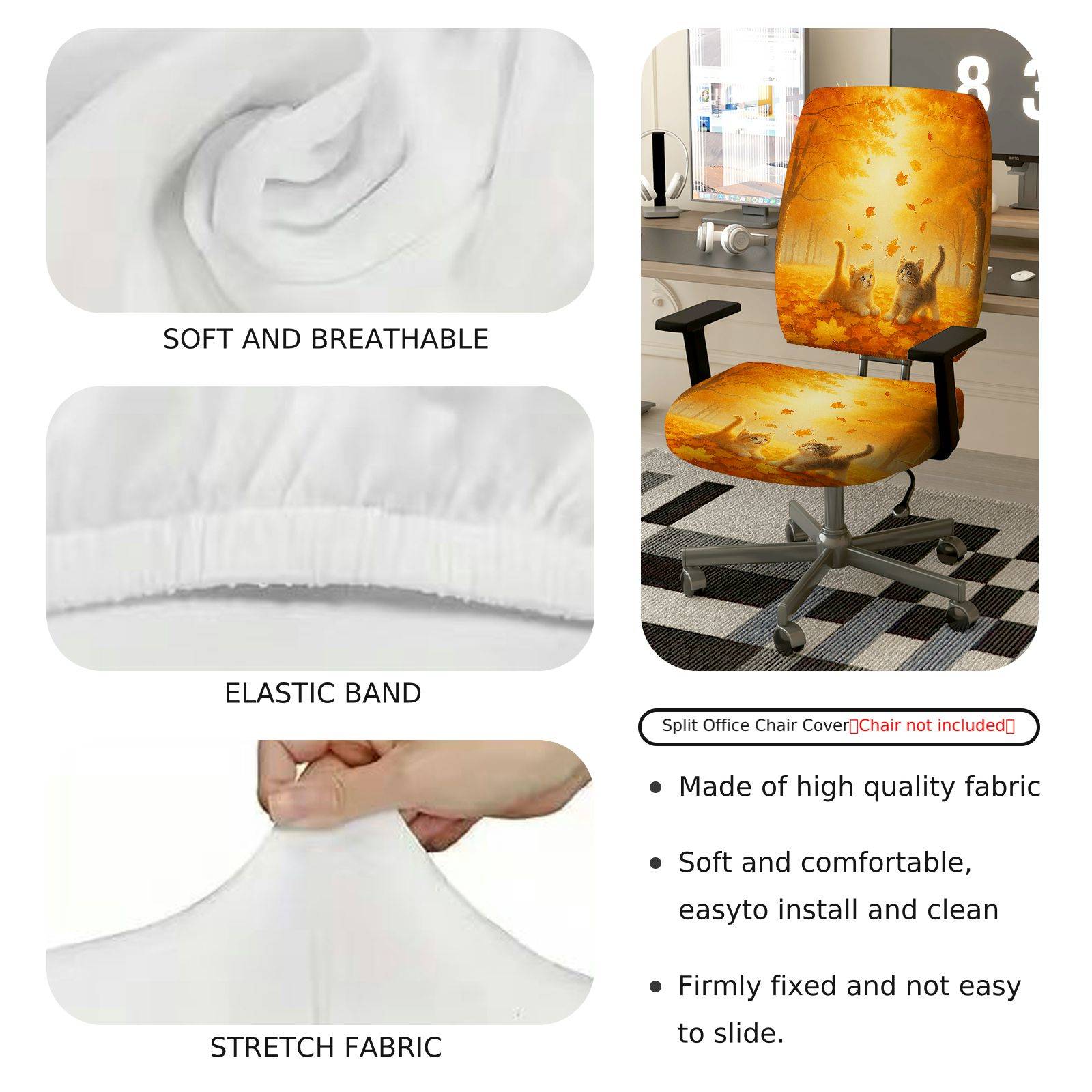 2-Piece Autumn Leaves Cat Forest Nature Fall  Computer Chair Cover Set, Seat and Backrest