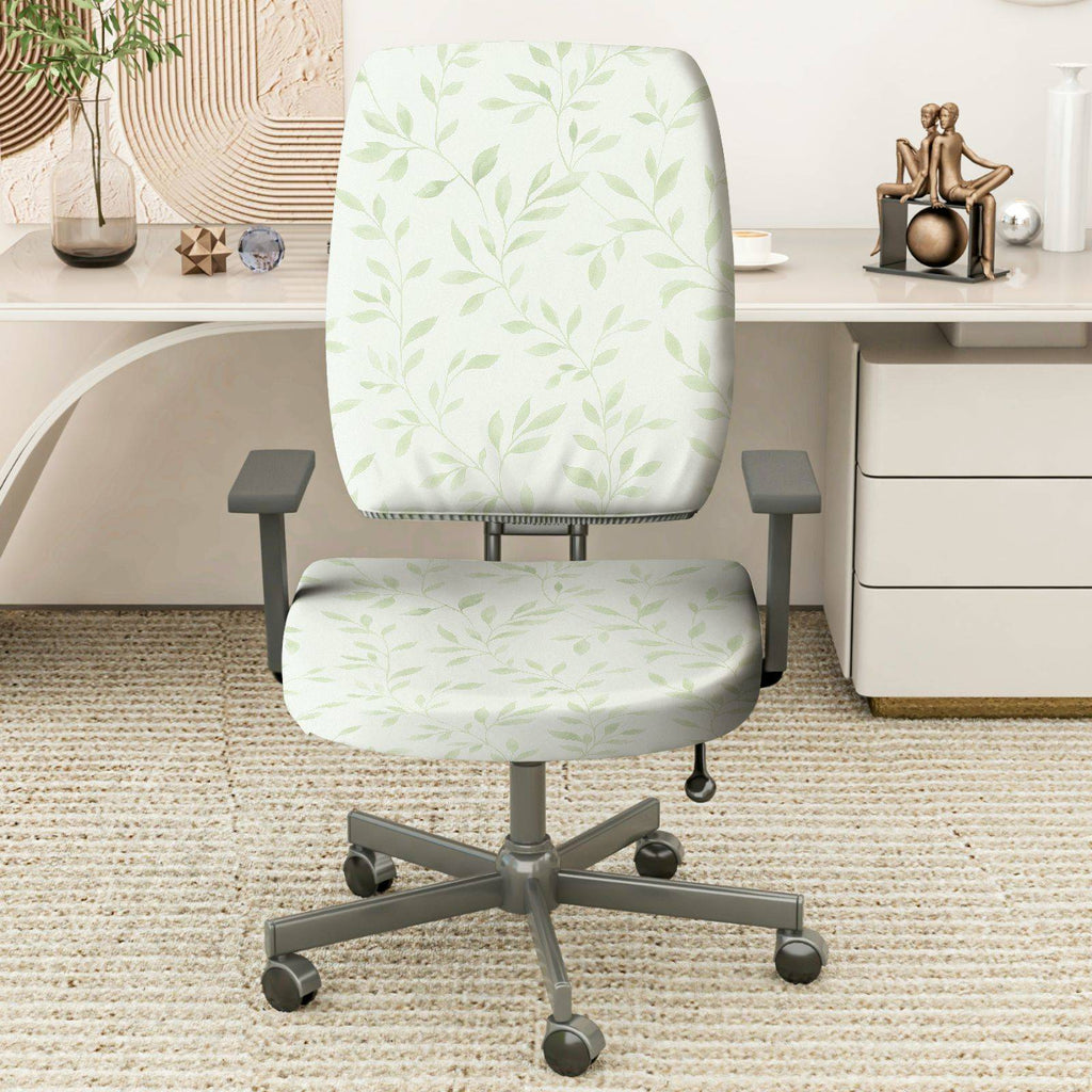 2-Piece Leaf Print Green  Computer Chair Cover Set, Seat and Backrest