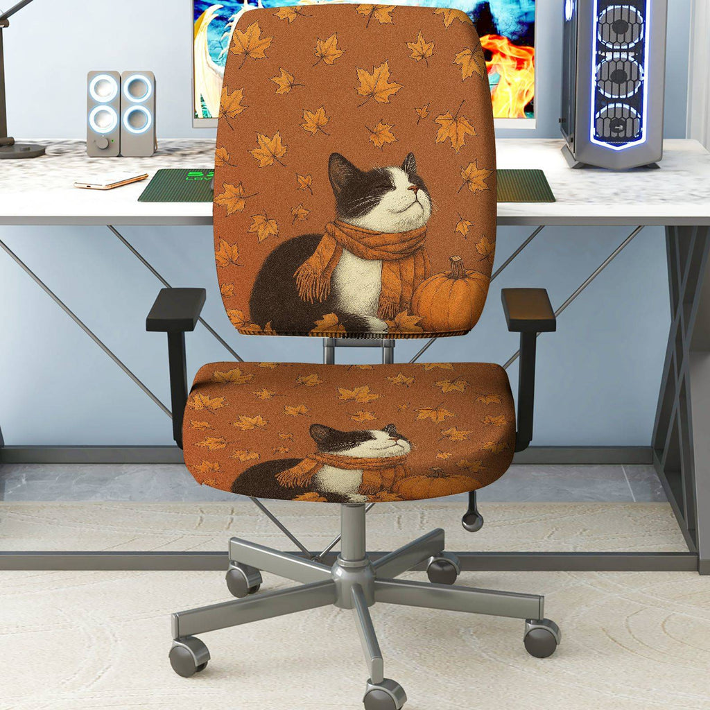 2-Piece Autumn Leaves Pumpkin Cat Scarf Fall  Computer Chair Cover Set, Seat and Backrest