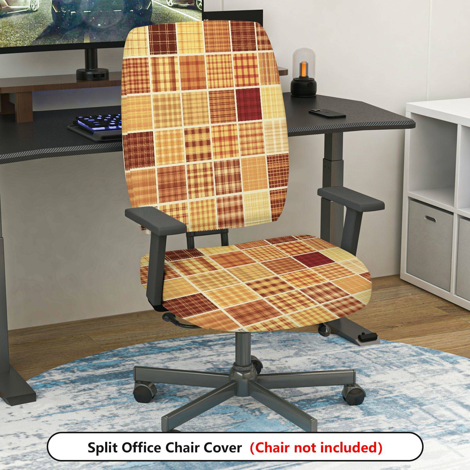 2-Piece Plaid Patchwork Geometric Vintage Brown  Computer Chair Cover Set, Seat and Backrest