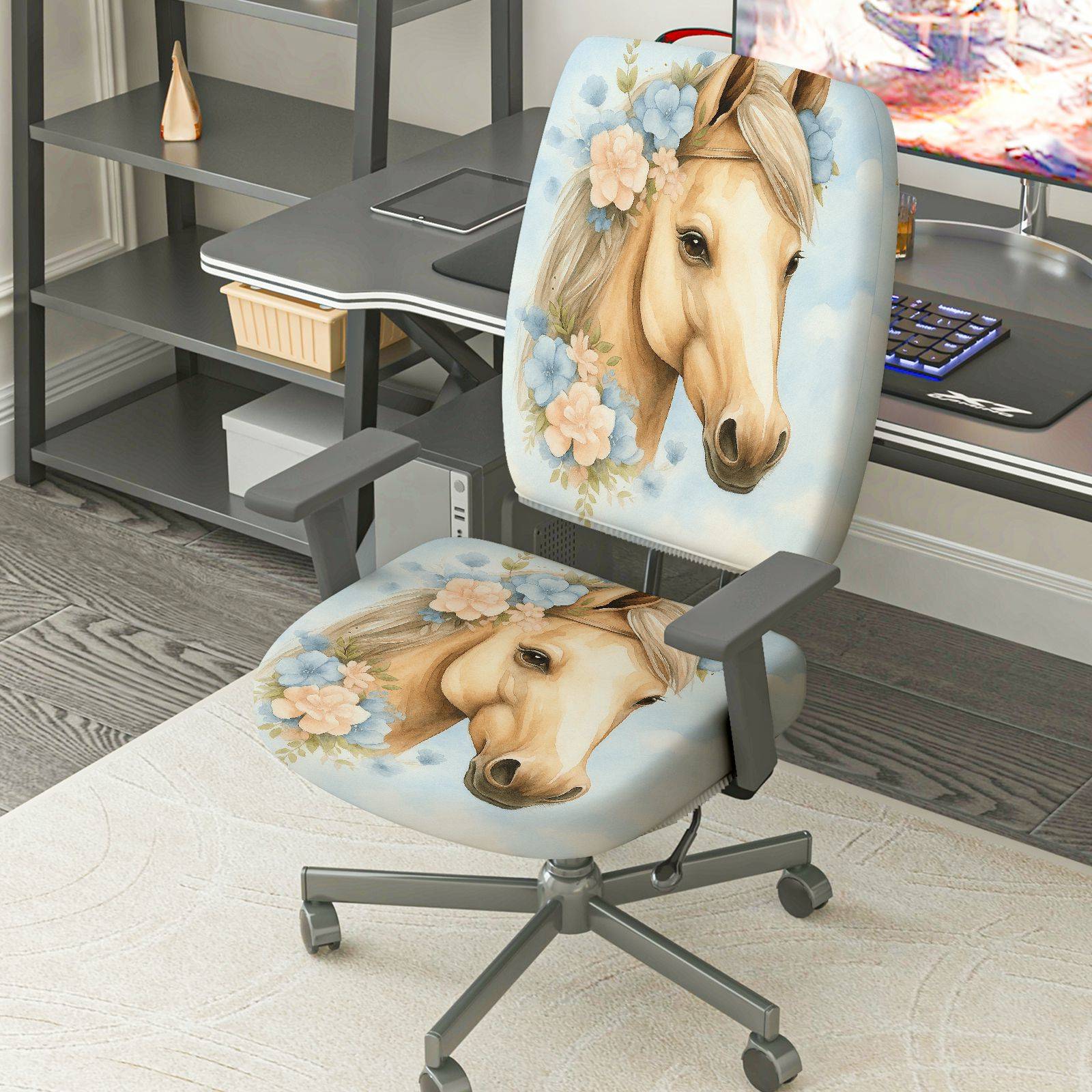 2-Piece Horse Floral Animal Art Modern Stylish  Computer Chair Cover Set, Seat and Backrest