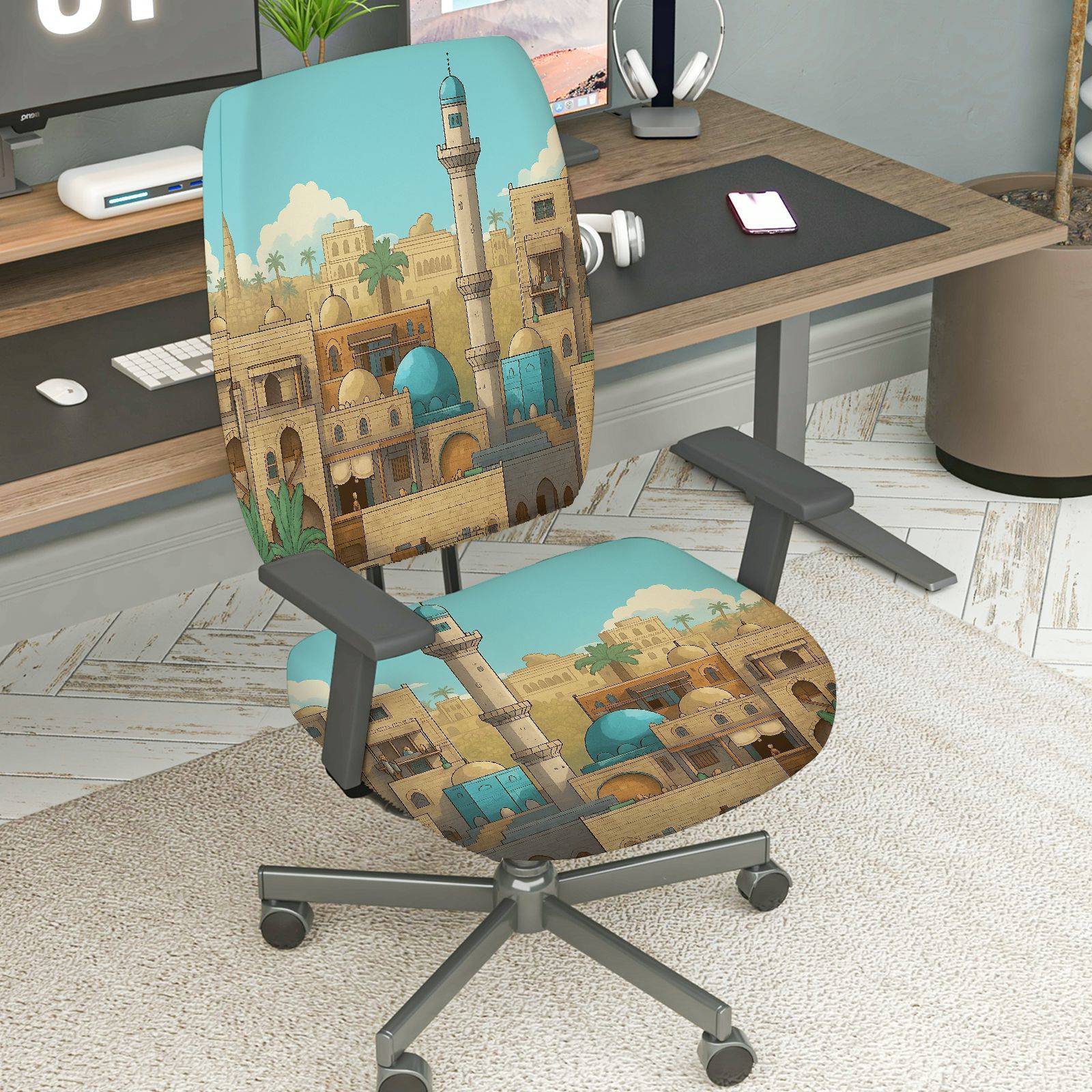 2-Piece Arabian mosque tower scenic pattern  Computer Chair Cover Set, Seat and Backrest