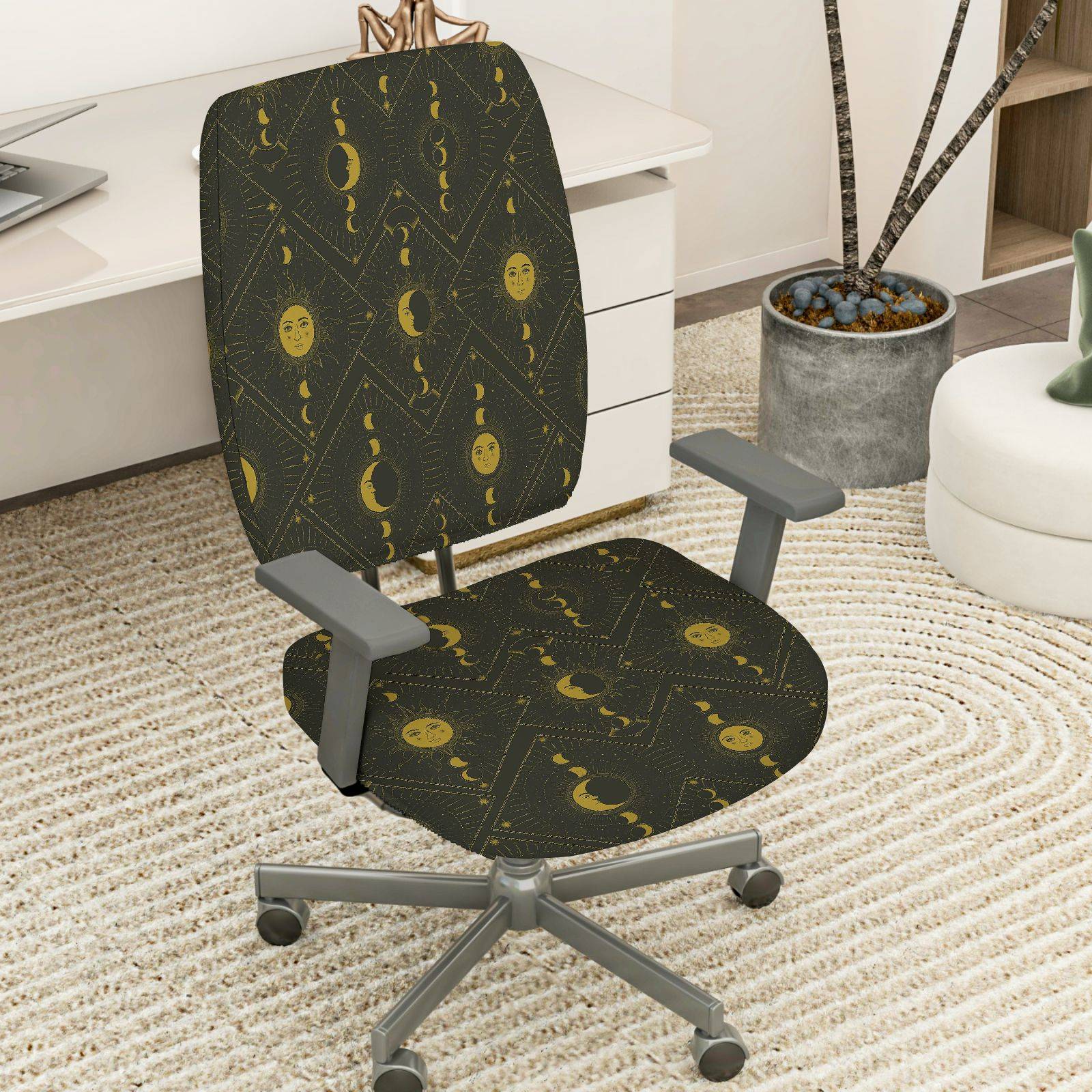 2-Piece Moon Phase Geometric Pattern Yellow Black  Computer Chair Cover Set, Seat and Backrest