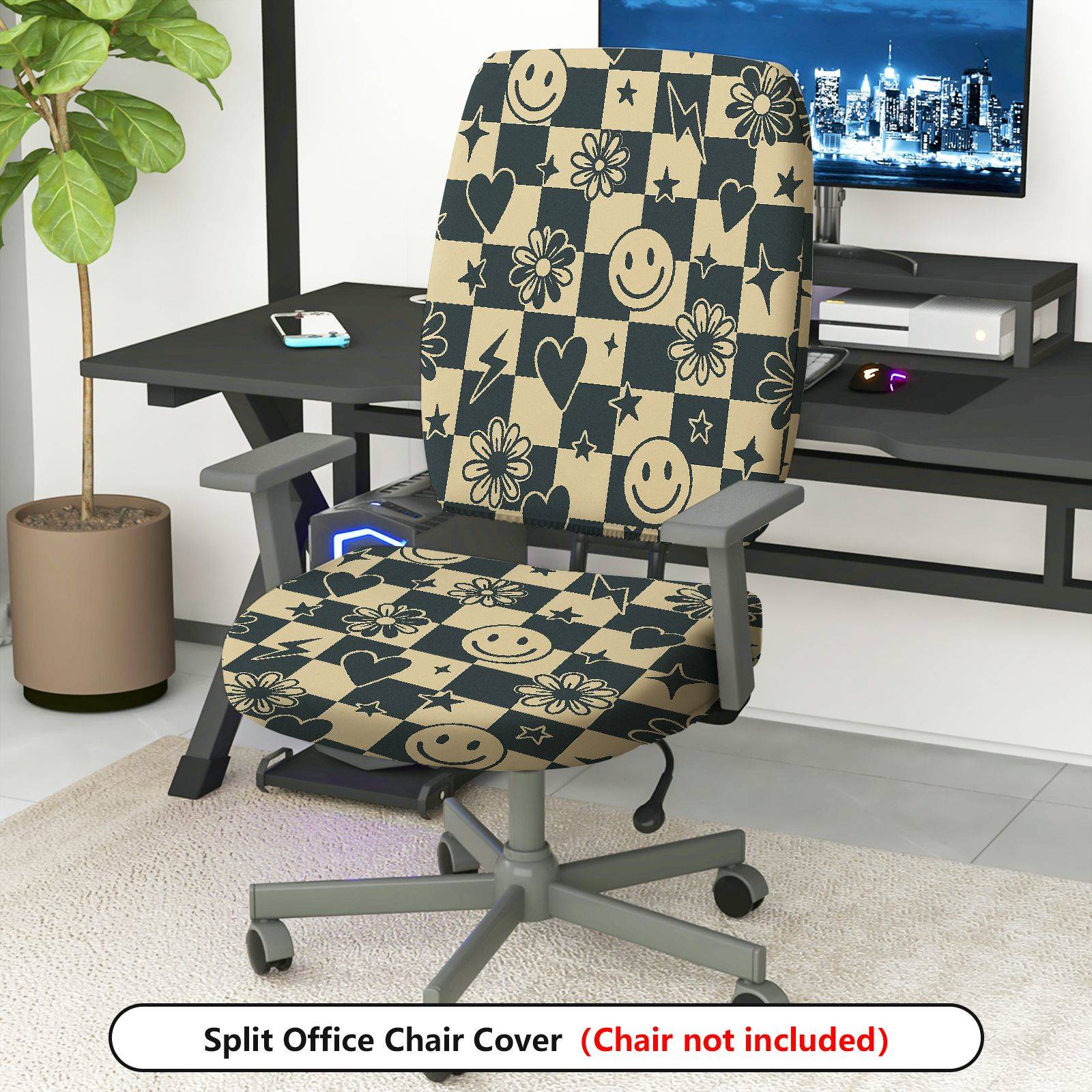 2-Piece Geometric Floral Smiley Hearts Stars  Computer Chair Cover Set, Seat and Backrest