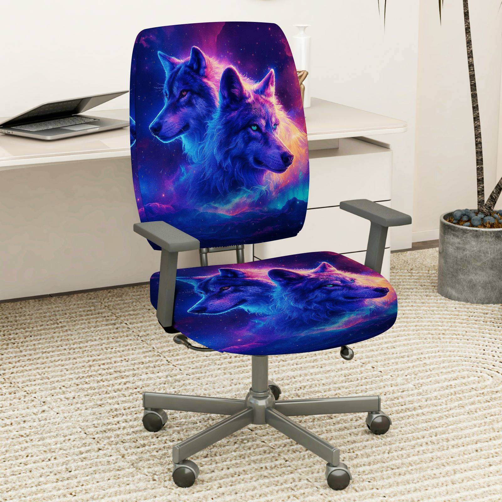 2-Piece Galaxy Wolf Art Starry Night Animal  Computer Chair Cover Set, Seat and Backrest