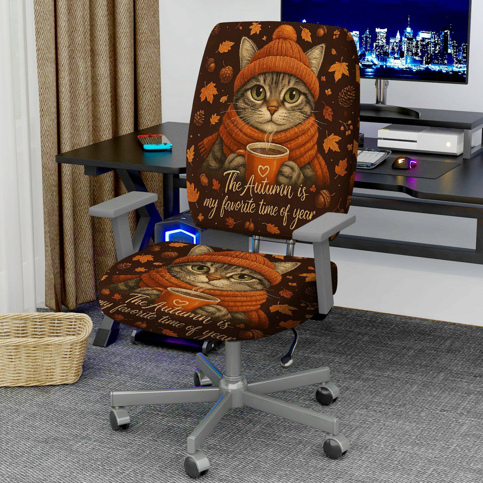 2-Piece Autumn Cat Coffee Leaves Cozy  Computer Chair Cover Set, Seat and Backrest