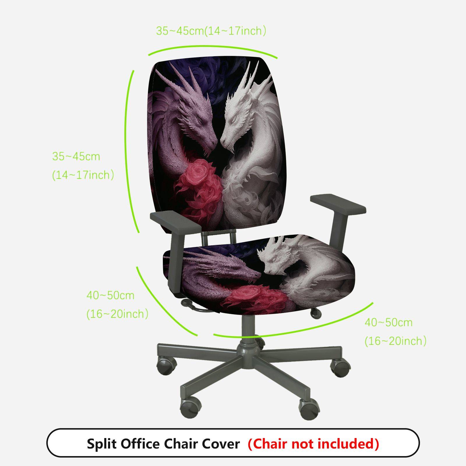2-Piece Black White Red Dragon Floral Fantasy Art  Computer Chair Cover Set, Seat and Backrest