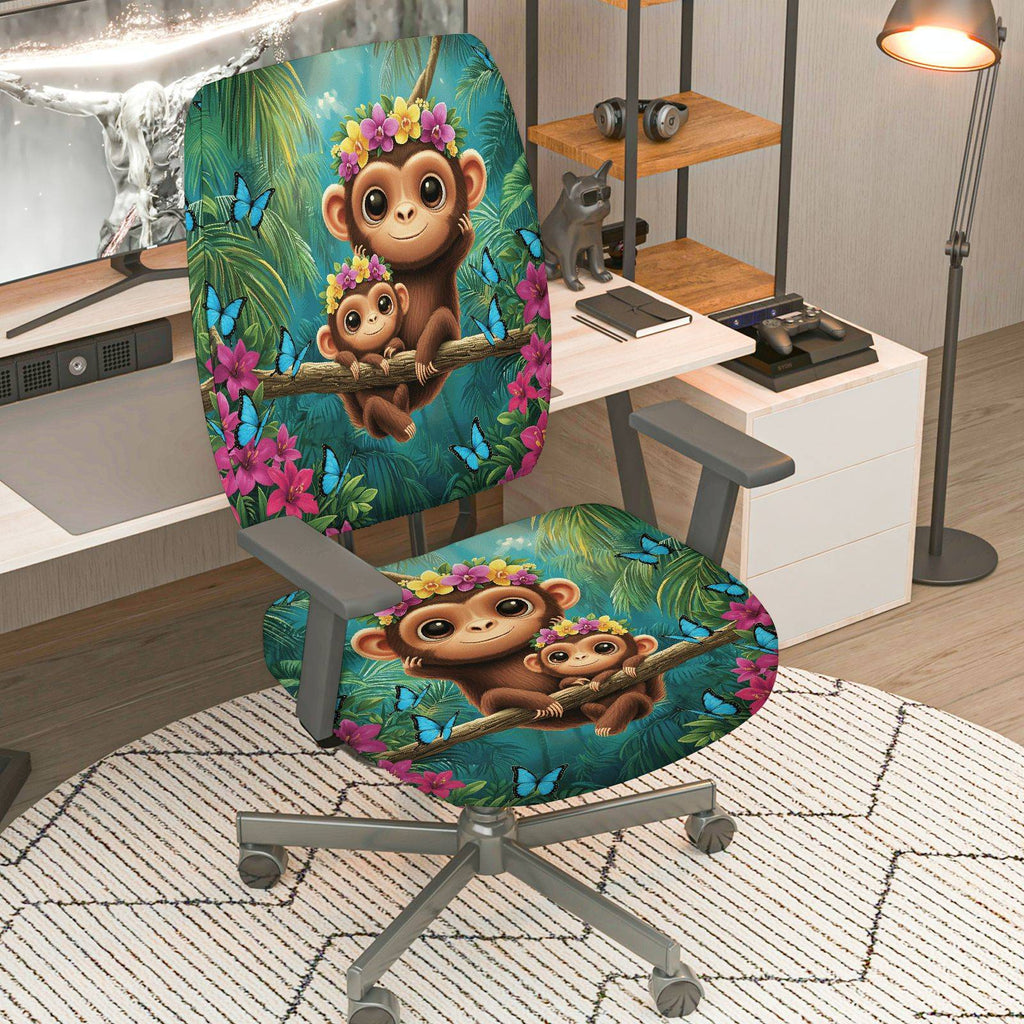 2-Piece Monkey Jungle Floral Butterfly Animal  Computer Chair Cover Set, Seat and Backrest