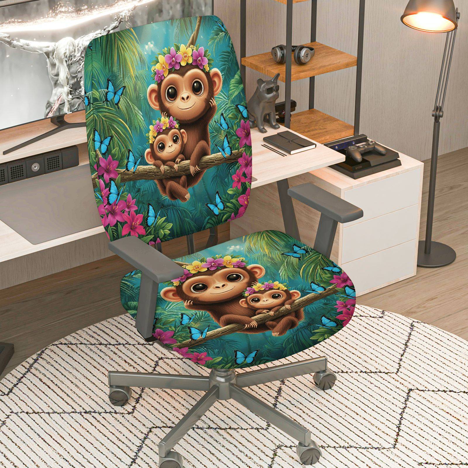 2-Piece Monkey Jungle Floral Butterfly Animal  Computer Chair Cover Set, Seat and Backrest