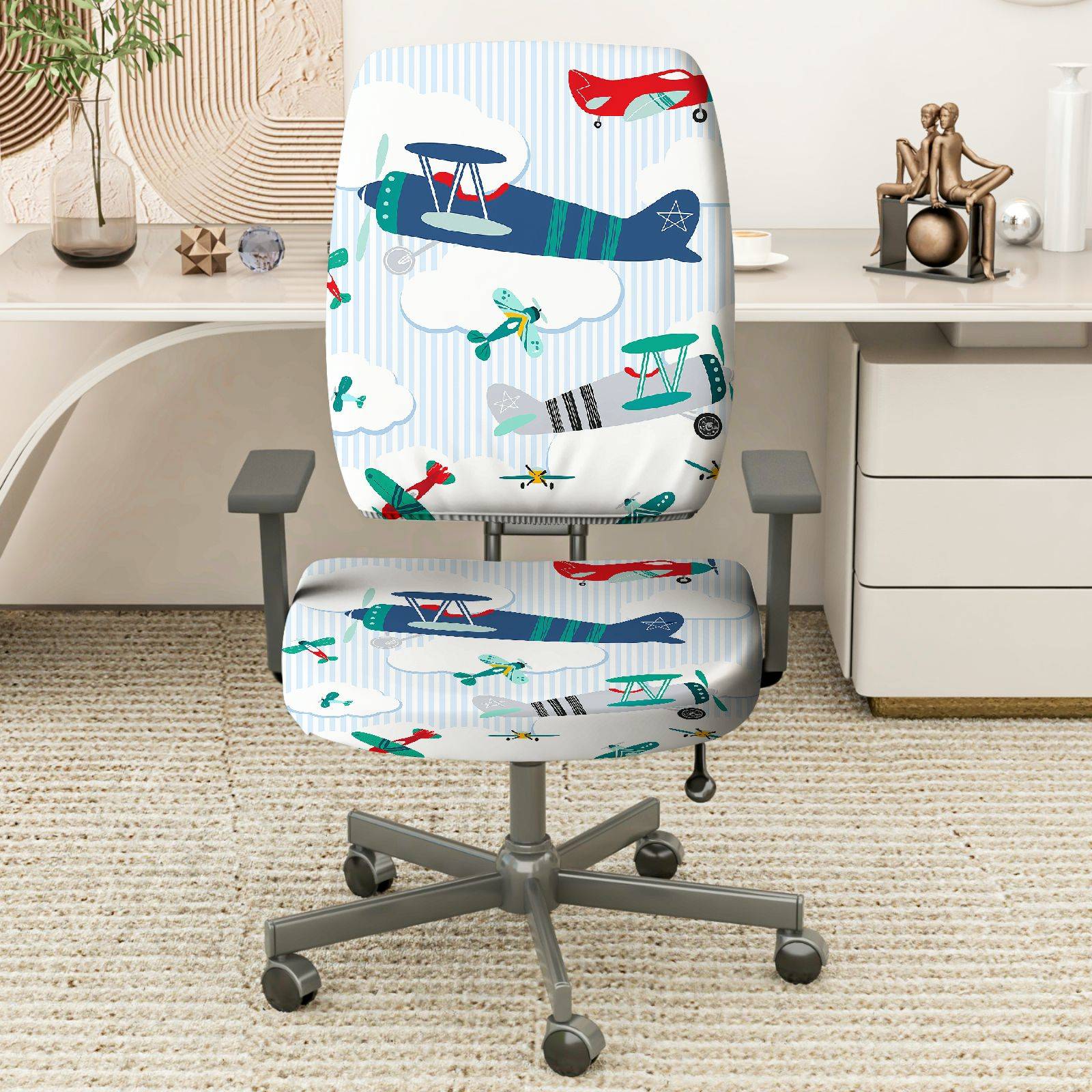 2-Piece Airplane Cloud Stripe Fun  Computer Chair Cover Set, Seat and Backrest