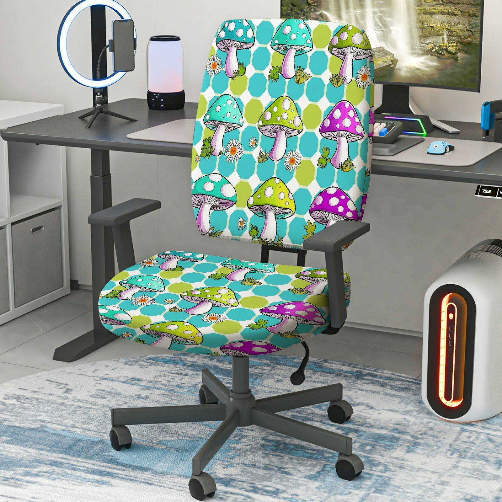 2-Piece Colorful Geometric Mushroom Floral Modern Abstract  Computer Chair Cover Set, Seat and Backrest