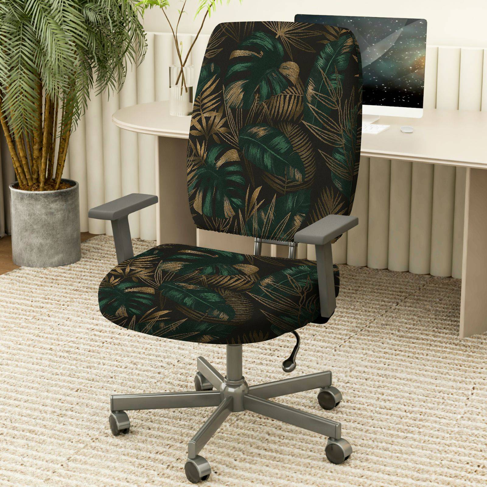 2-Piece Tropical Leaf Green Black Gold  Computer Chair Cover Set, Seat and Backrest