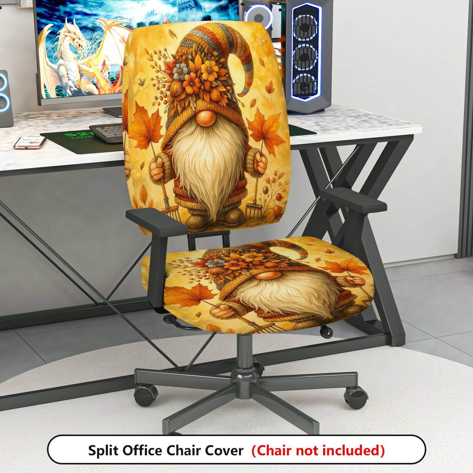 2-Piece Autumn Gnome Floral Leaves Festive Halloween  Computer Chair Cover Set, Seat and Backrest