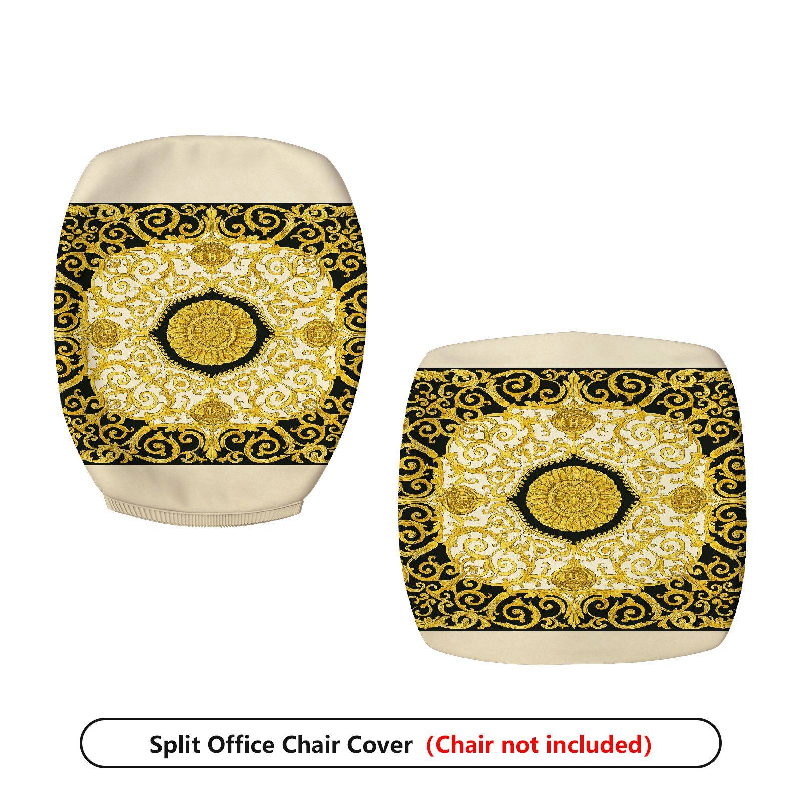 2-Piece Baroque Style Gold Black Pattern Decorative  Computer Chair Cover Set, Seat and Backrest