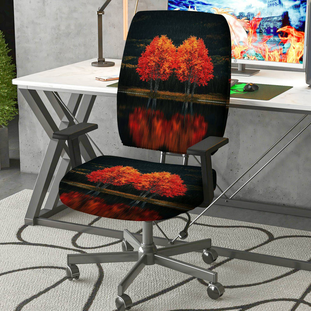 2-Piece Autumn Tree Lake Reflection Scenic  Computer Chair Cover Set, Seat and Backrest