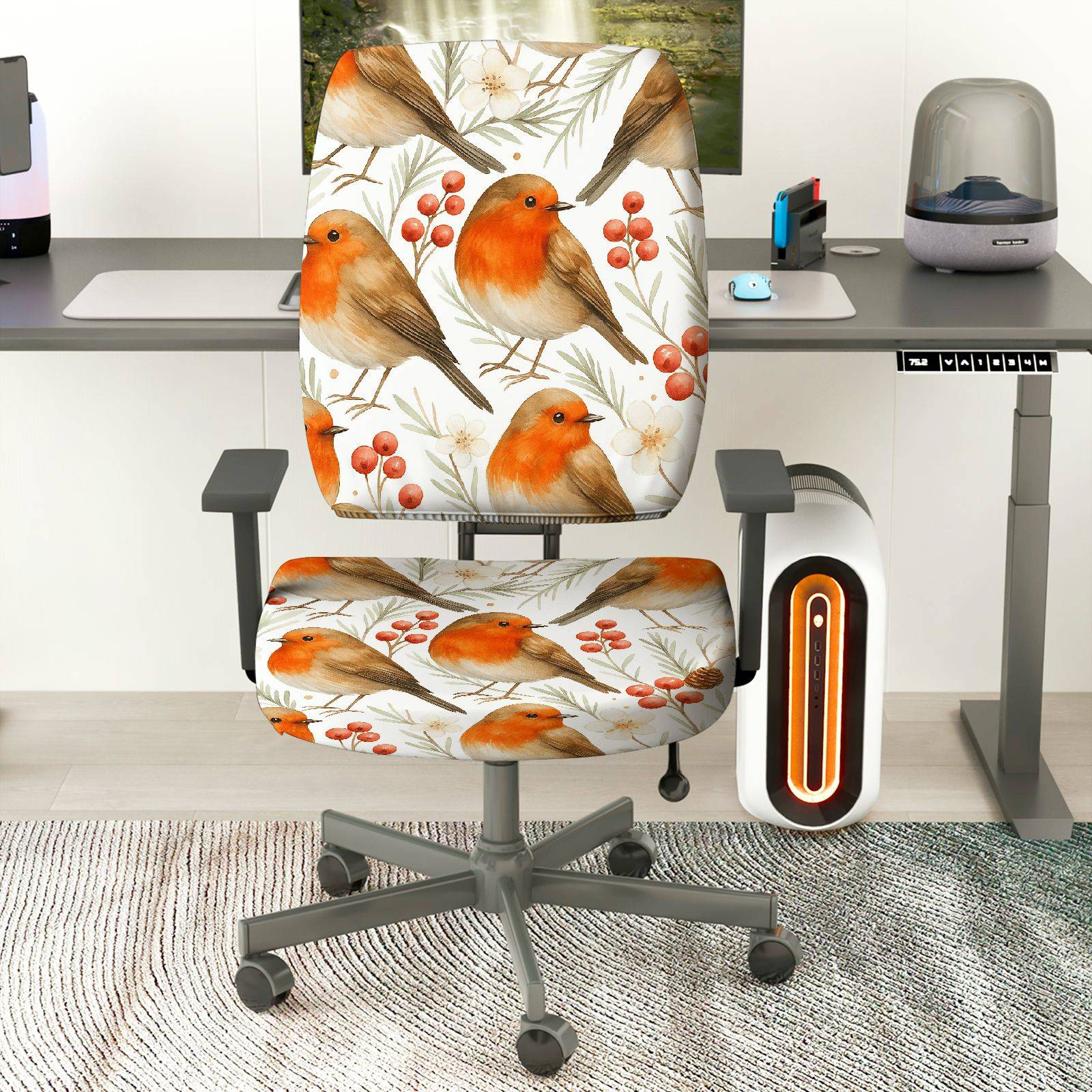 2-Piece Christmas Robin Bird Berry Tree Flower  Computer Chair Cover Set, Seat and Backrest