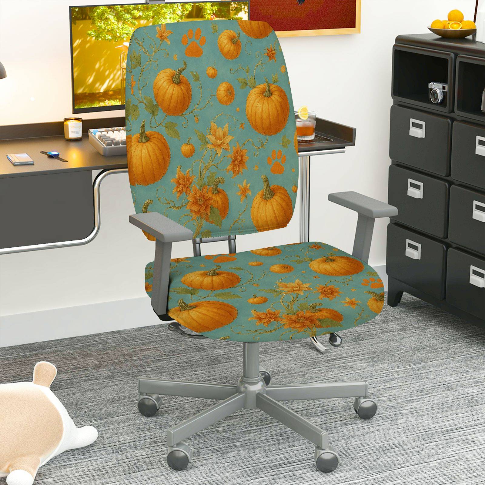 2-Piece Autumn Pumpkin Leaves Festive Decorative  Computer Chair Cover Set, Seat and Backrest