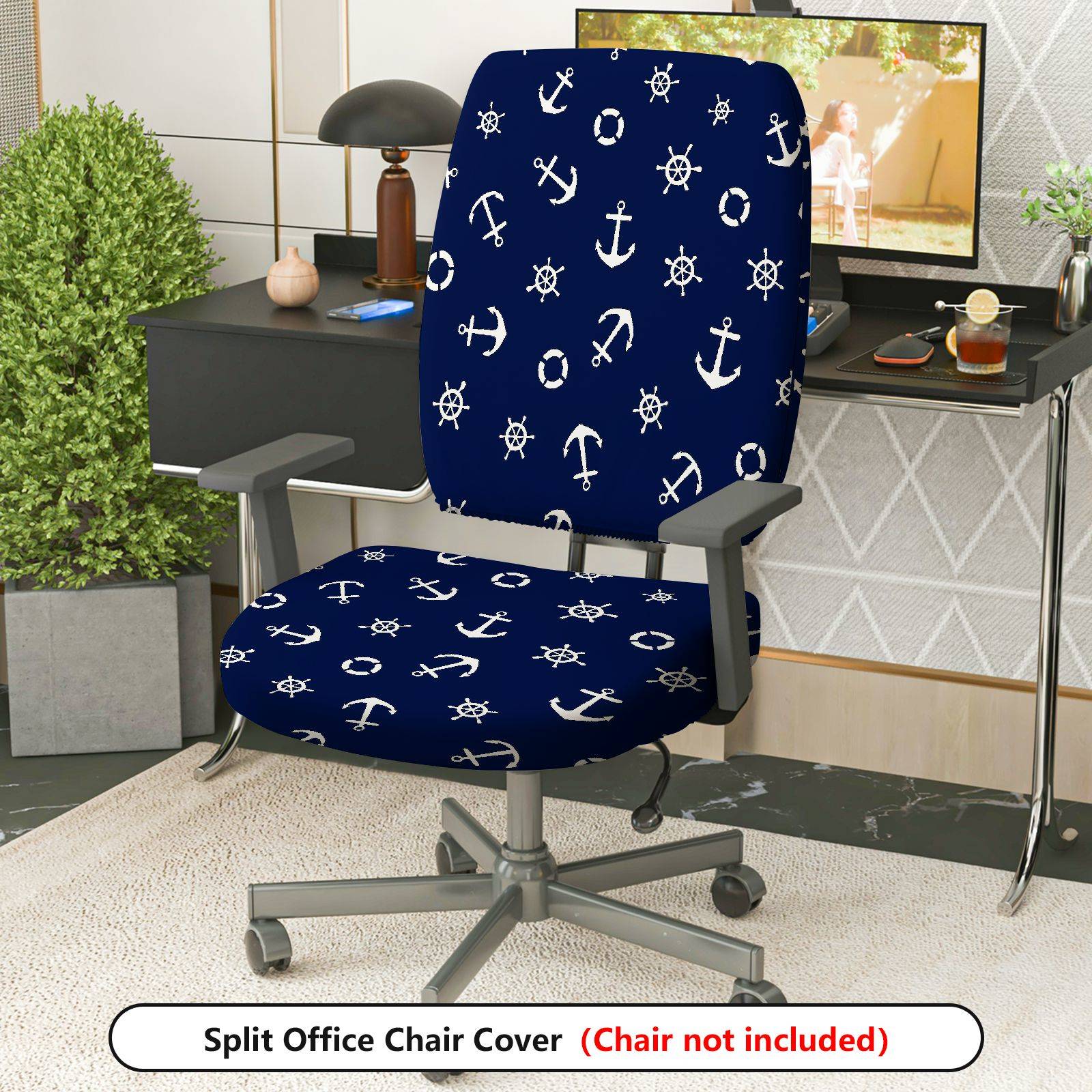 2-Piece Anchor Nautical Marine Ocean Ship  Computer Chair Cover Set, Seat and Backrest