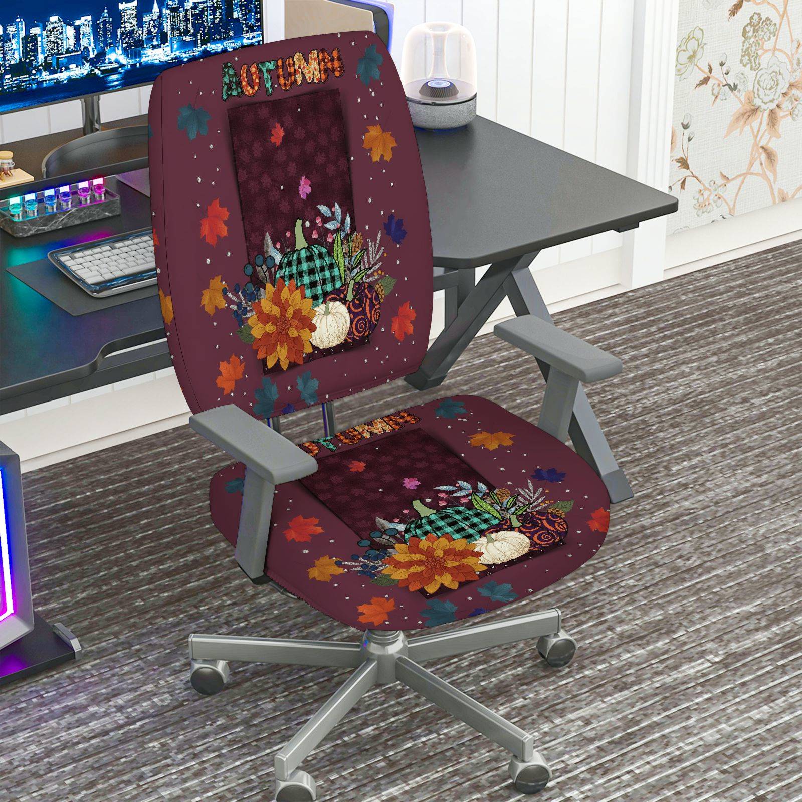 2-Piece Autumn Festive Leaves Pumpkin Thanksgiving  Computer Chair Cover Set, Seat and Backrest