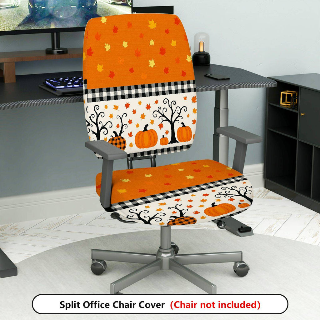 2-Piece Autumn Halloween Pumpkin Leaf Checkered  Computer Chair Cover Set, Seat and Backrest