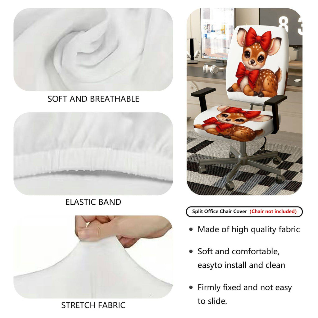 2-Piece Deer Red Bow Christmas  Computer Chair Cover Set, Seat and Backrest