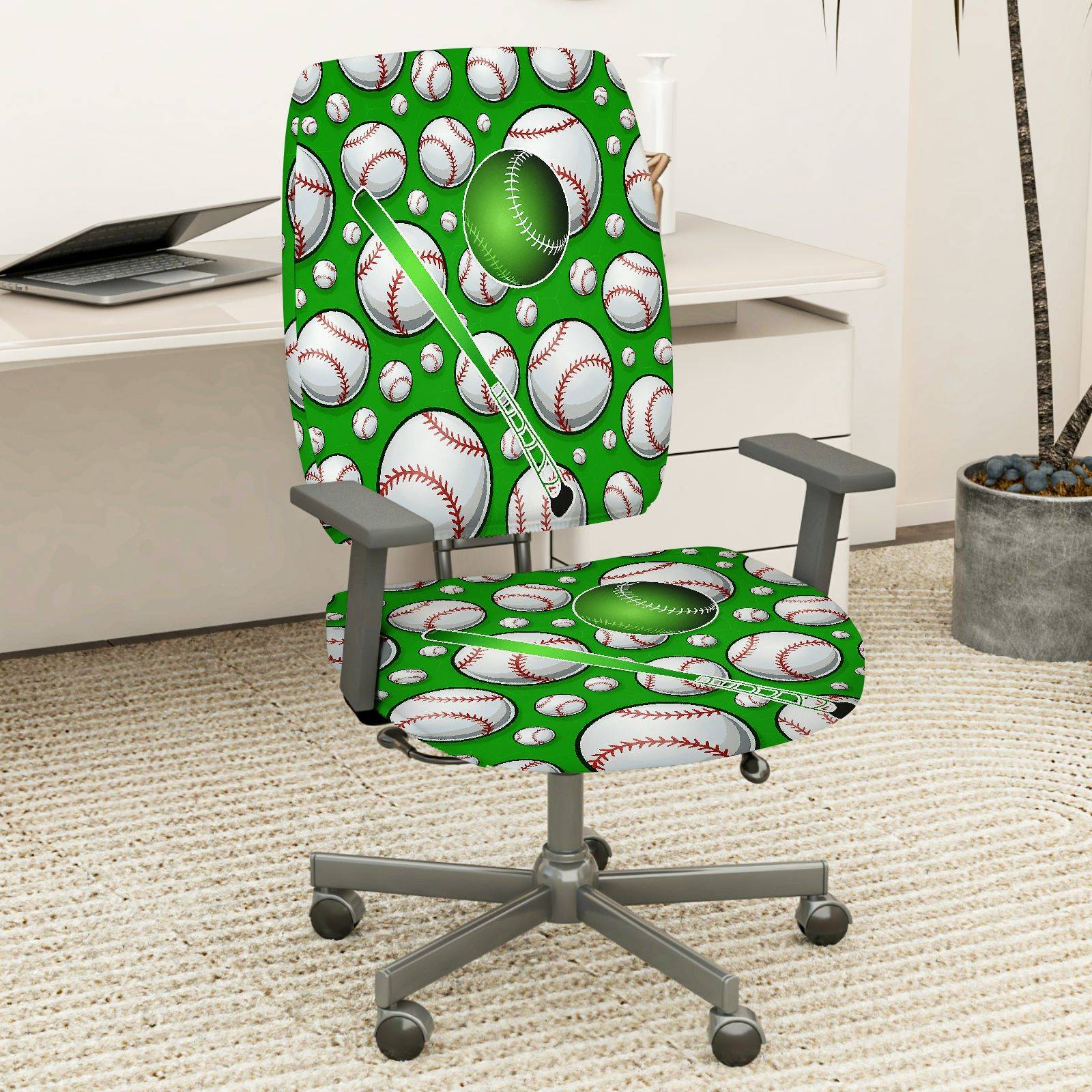 2-Piece Baseball Sports Pattern Green  Computer Chair Cover Set, Seat and Backrest