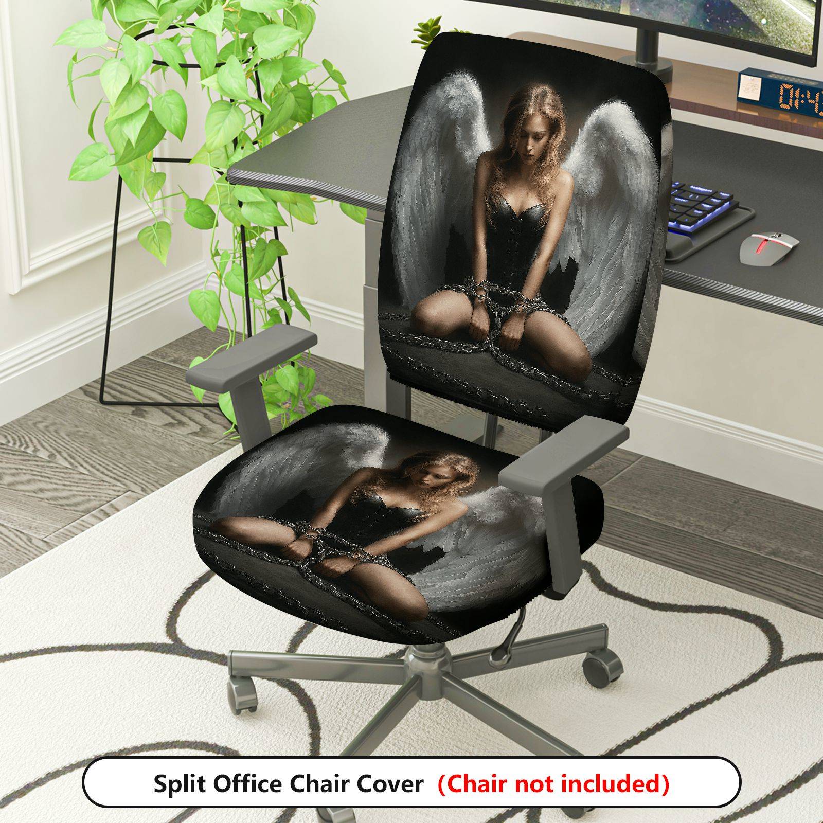 2-Piece Angel Wings Chains Black White Gothic  Computer Chair Cover Set, Seat and Backrest