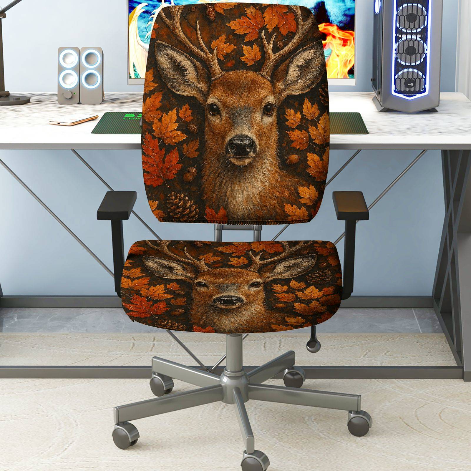 2-Piece Autumn Deer Maple Leaves Nature Wildlife  Computer Chair Cover Set, Seat and Backrest