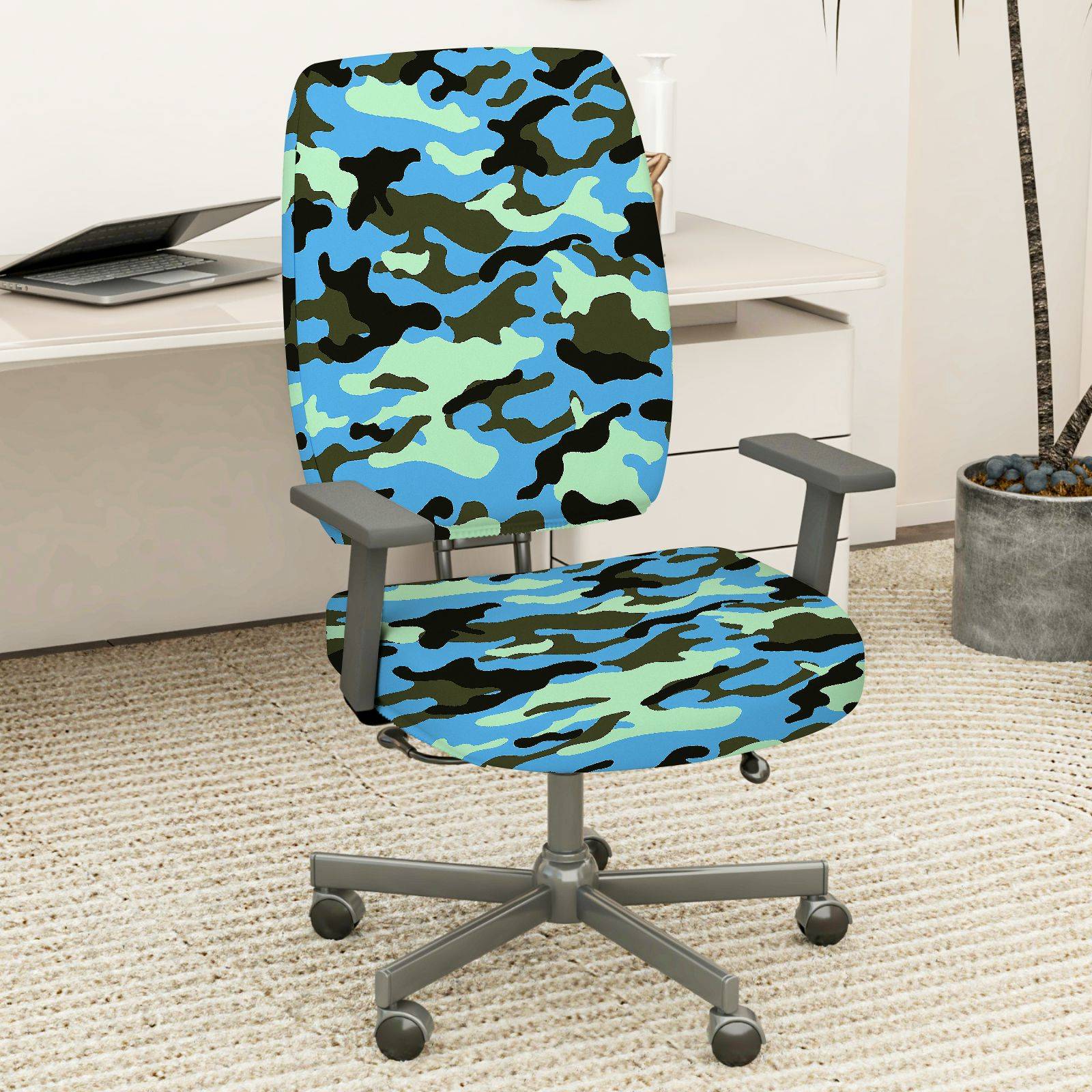 2-Piece Camouflage Green Blue Black  Computer Chair Cover Set, Seat and Backrest