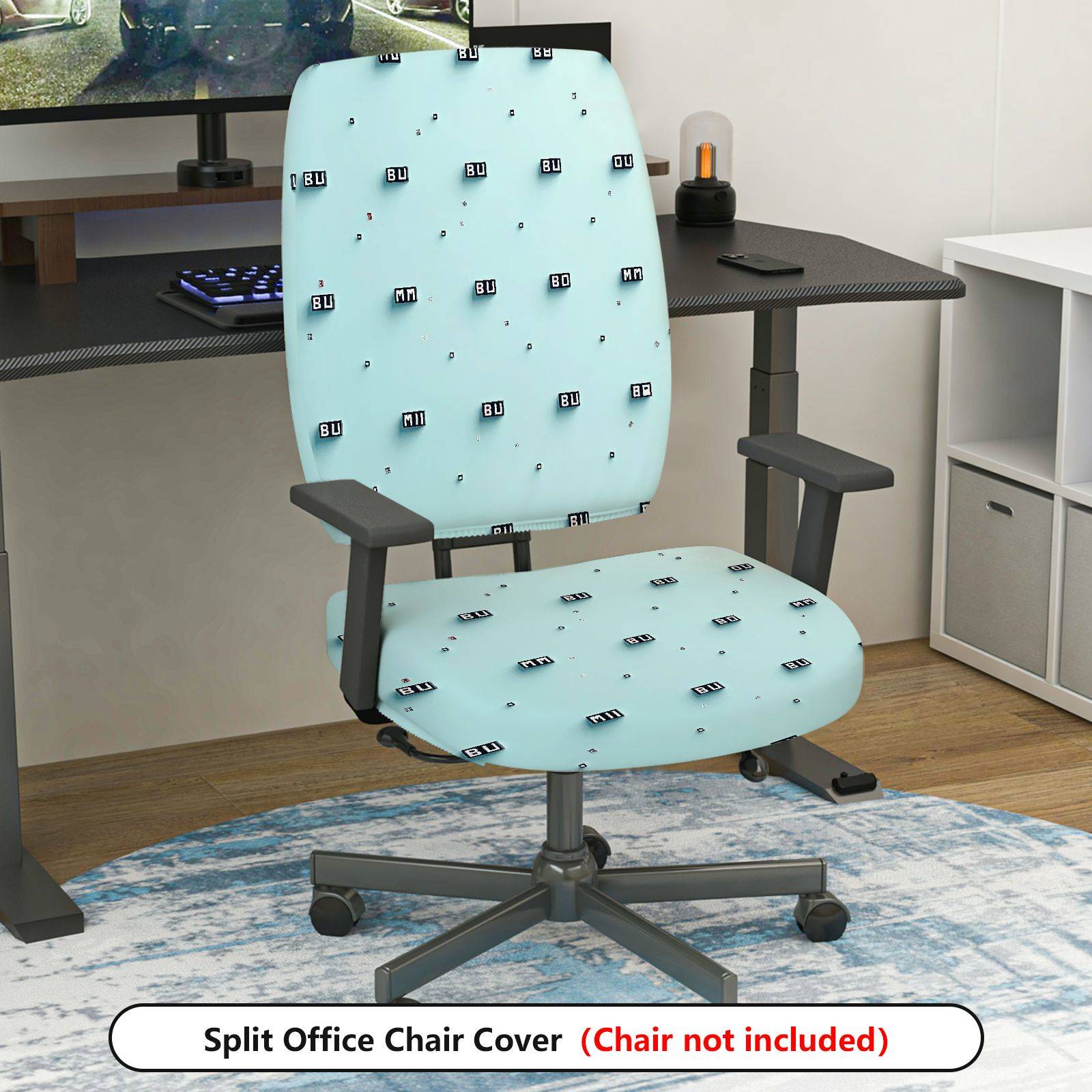 2-Piece Blue Abstract Letter Geometric Simple  Computer Chair Cover Set, Seat and Backrest