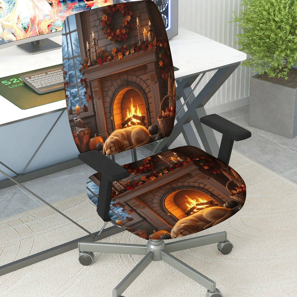 2-Piece Autumn Fireplace Warm Cozy Seasonal Decorative  Computer Chair Cover Set, Seat and Backrest