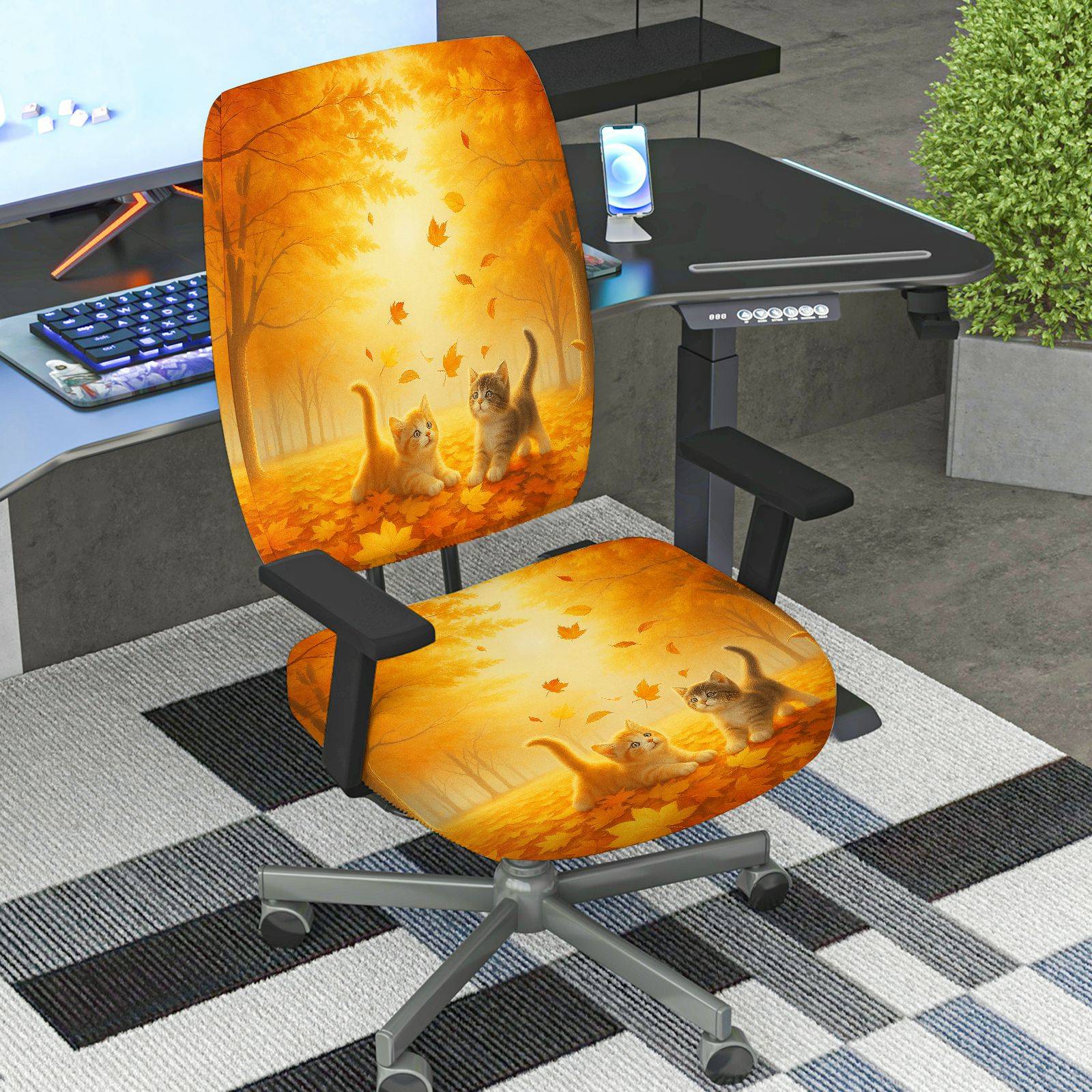 2-Piece Autumn Leaves Cat Forest Nature Fall  Computer Chair Cover Set, Seat and Backrest