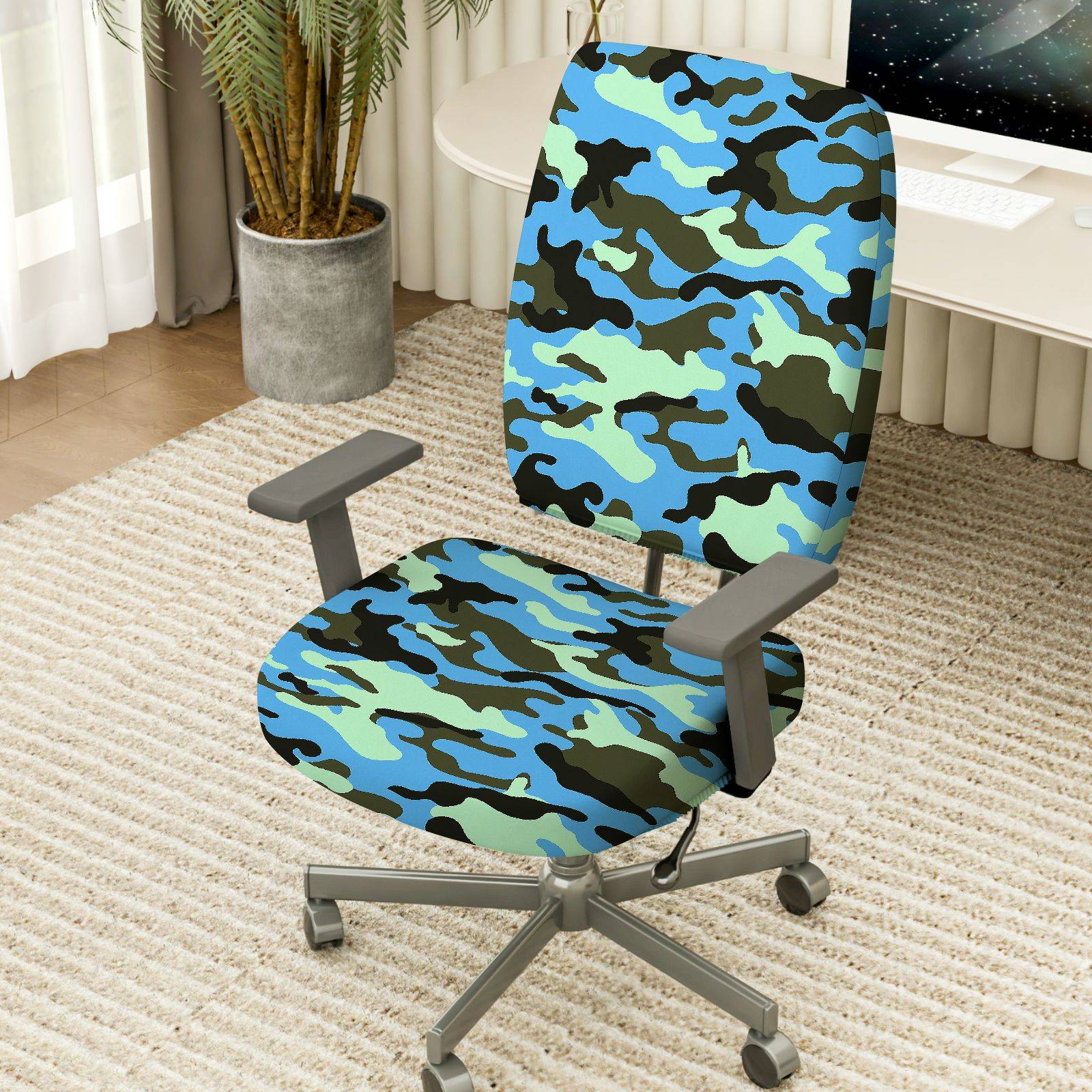 2-Piece Camouflage Green Blue Black  Computer Chair Cover Set, Seat and Backrest