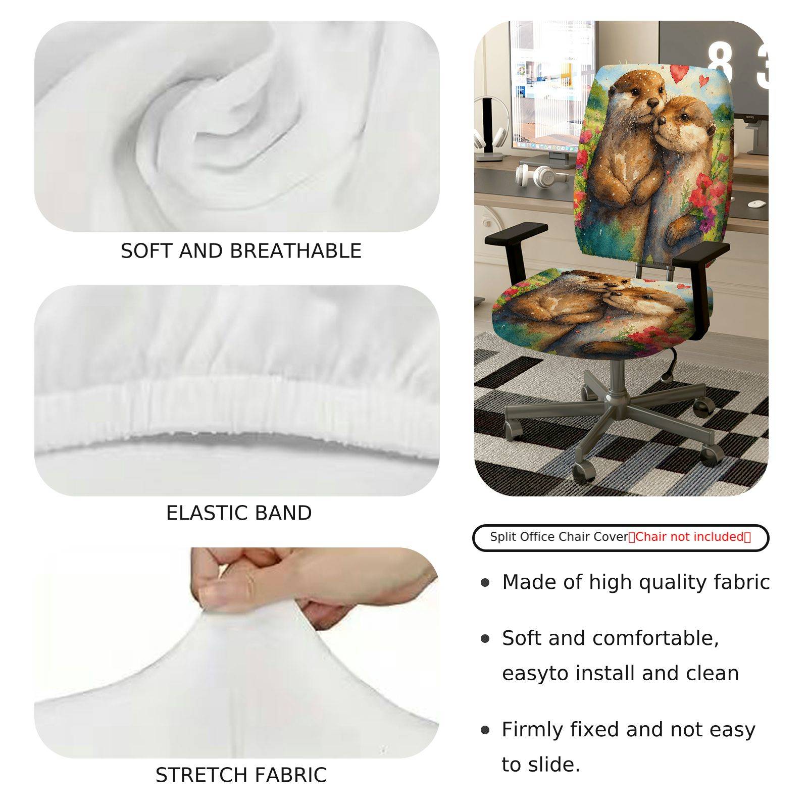 2-Piece Adorable Otter Heart Nature Floral  Computer Chair Cover Set, Seat and Backrest