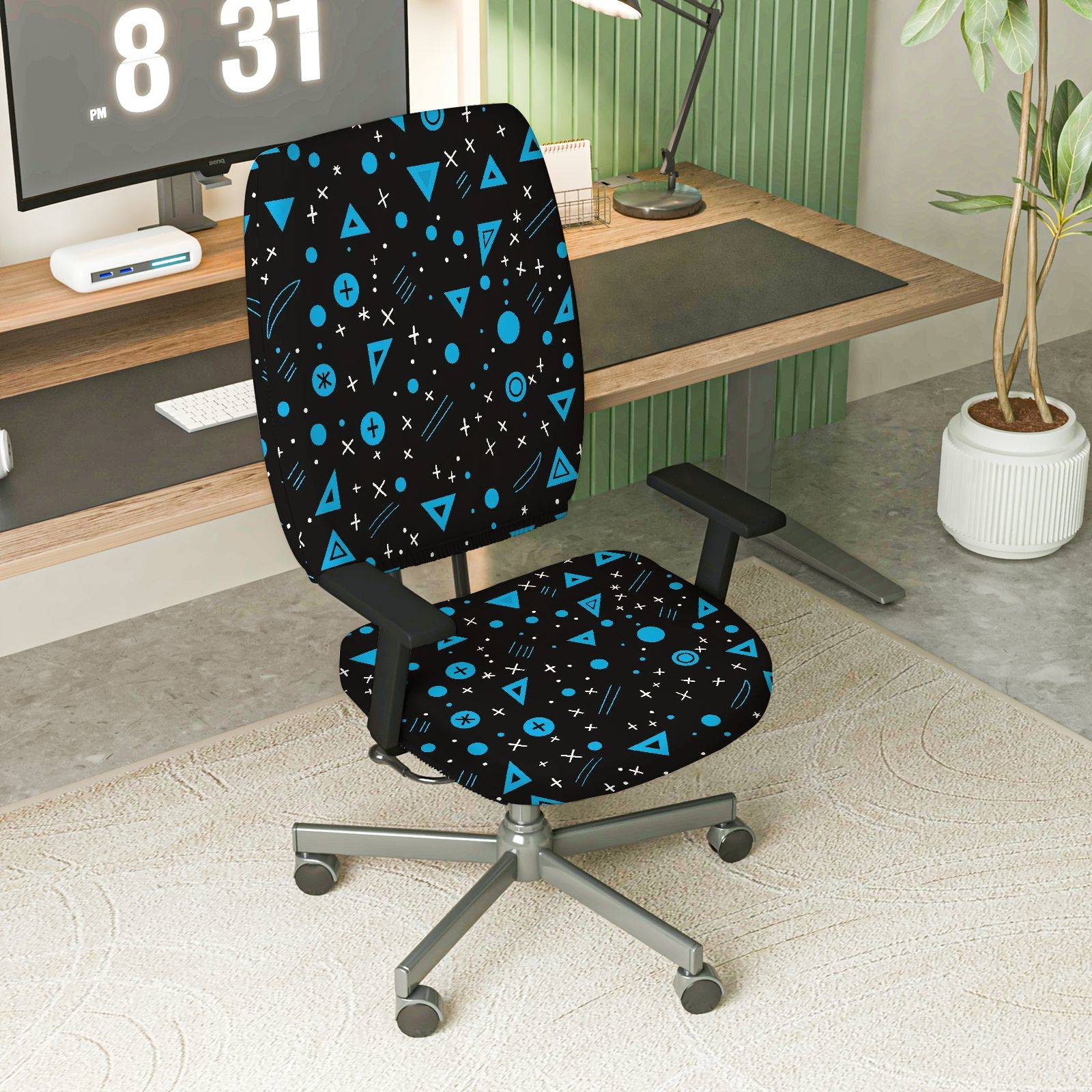 2-Piece Geometric Black Blue  Computer Chair Cover Set, Seat and Backrest
