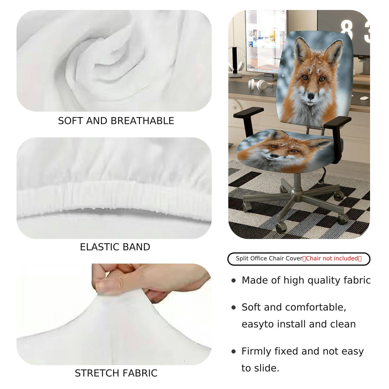2-Piece Animal Nature Fox Snow Winter  Computer Chair Cover Set, Seat and Backrest