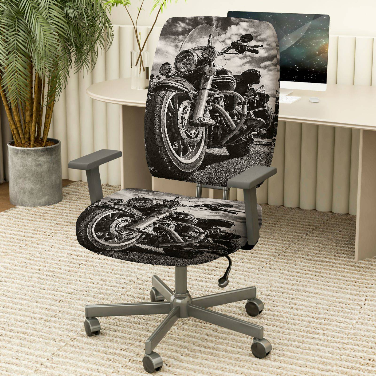 2-Piece Motorcycle Vintage Black and White Artistic Pattern  Computer Chair Cover Set, Seat and Backrest