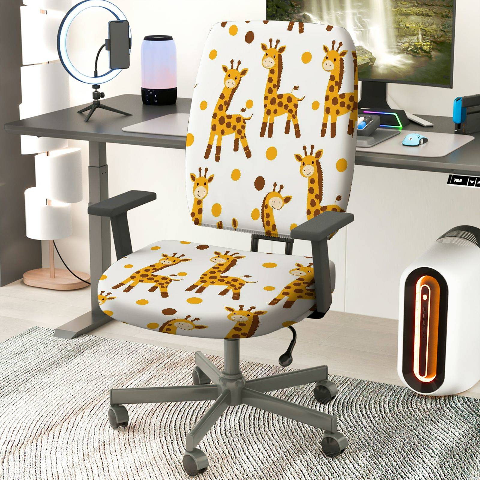 2-Piece Cute Giraffe Print Yellow Spot  Computer Chair Cover Set, Seat and Backrest
