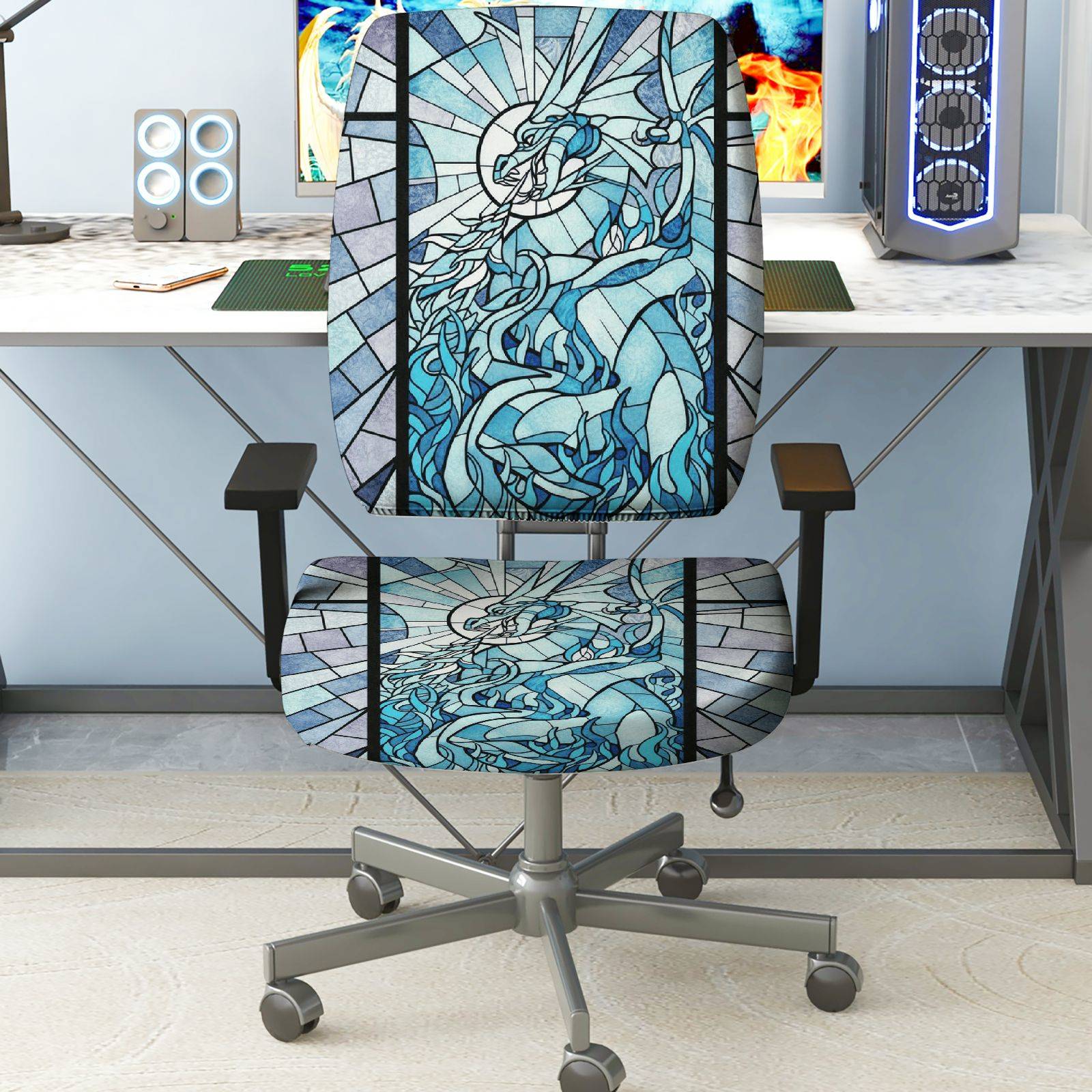 2-Piece Abstract Geometric Art Stained Glass Unicorn Blue  Computer Chair Cover Set, Seat and Backrest