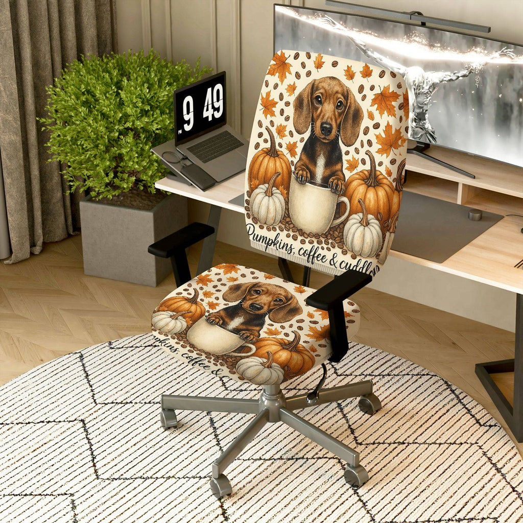 2-Piece Autumn Puppy Pumpkin Leaves Coffee  Computer Chair Cover Set, Seat and Backrest