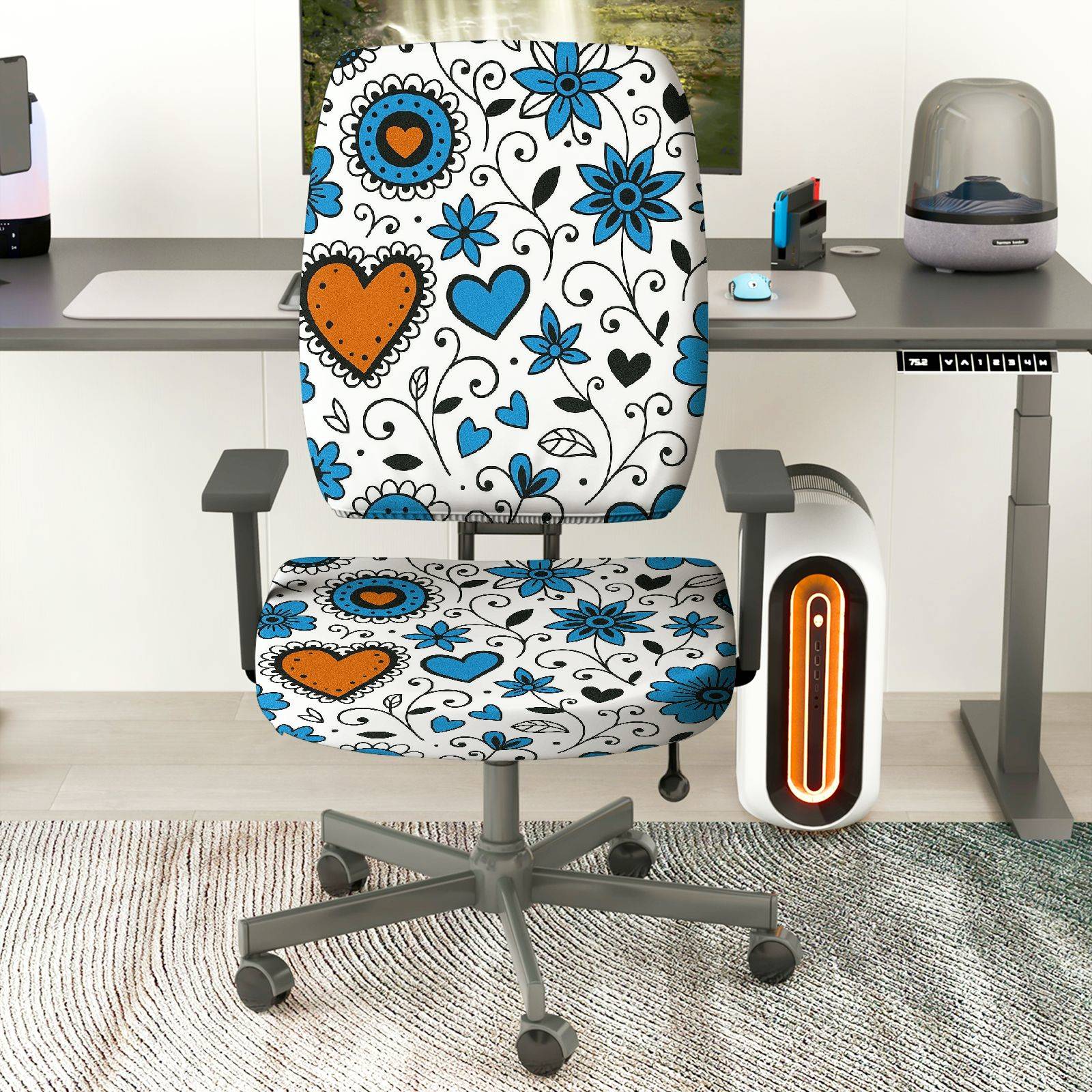 2-Piece Heart Floral Blue Black  Computer Chair Cover Set, Seat and Backrest