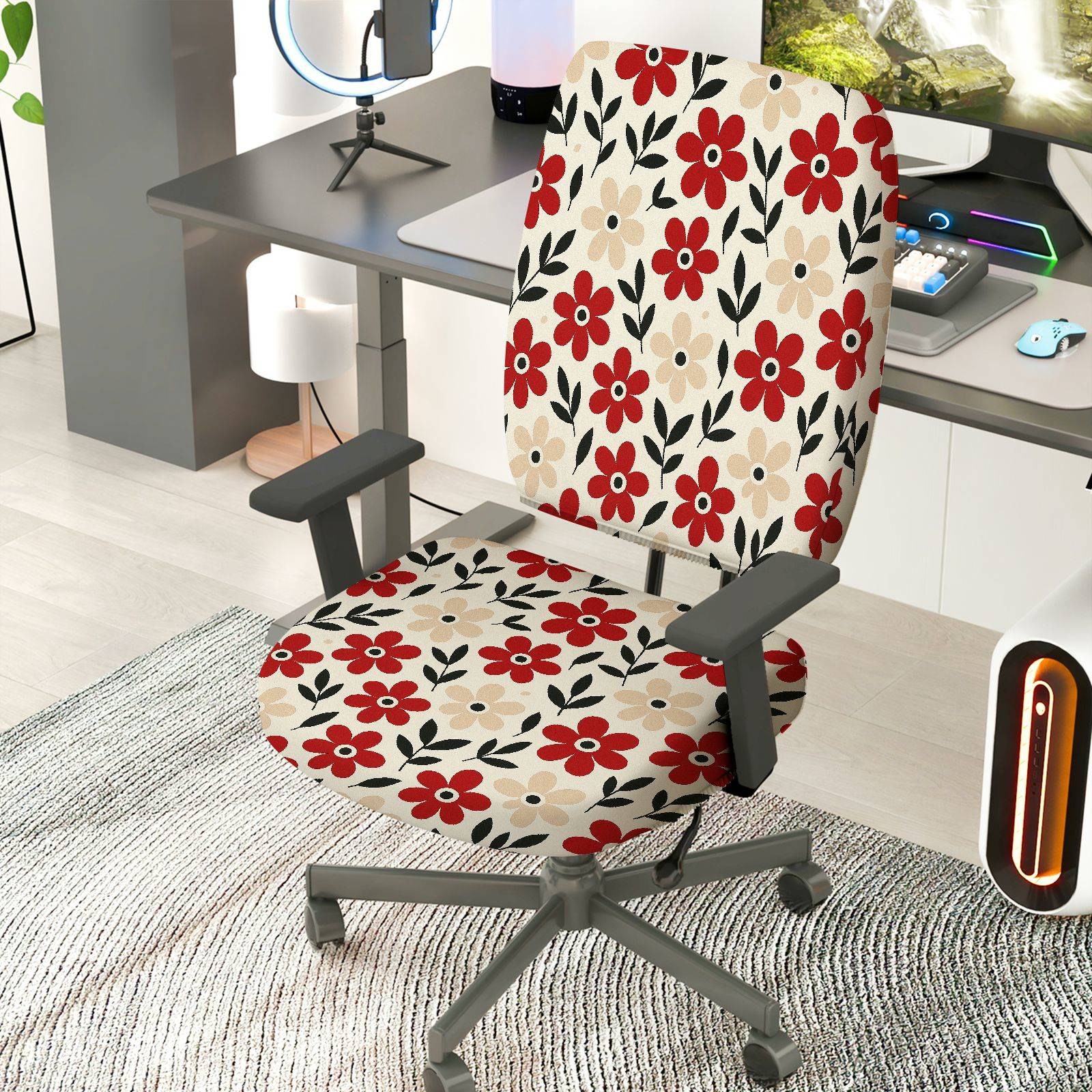 2-Piece Floral Red Beige Black Pattern  Computer Chair Cover Set, Seat and Backrest