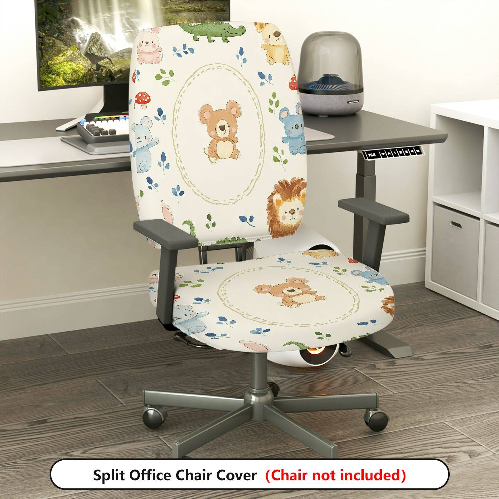 2-Piece Bear Print Cute Decorative Fun Animal Pattern  Computer Chair Cover Set, Seat and Backrest