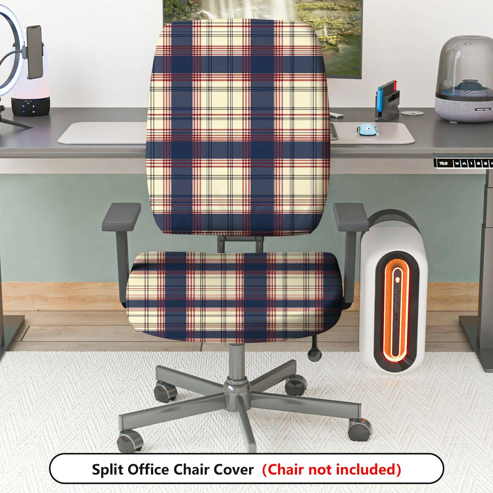 2-Piece Blue Red Plaid Classic Geometric  Computer Chair Cover Set, Seat and Backrest