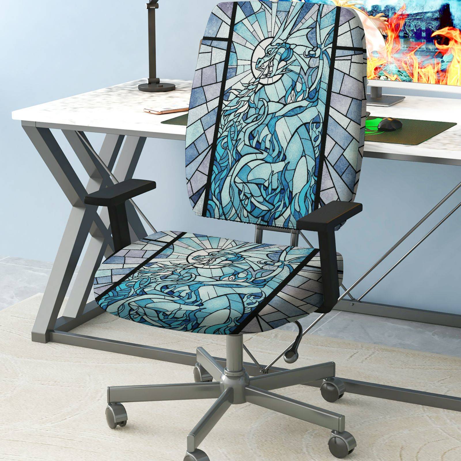 2-Piece Abstract Geometric Art Stained Glass Unicorn Blue  Computer Chair Cover Set, Seat and Backrest