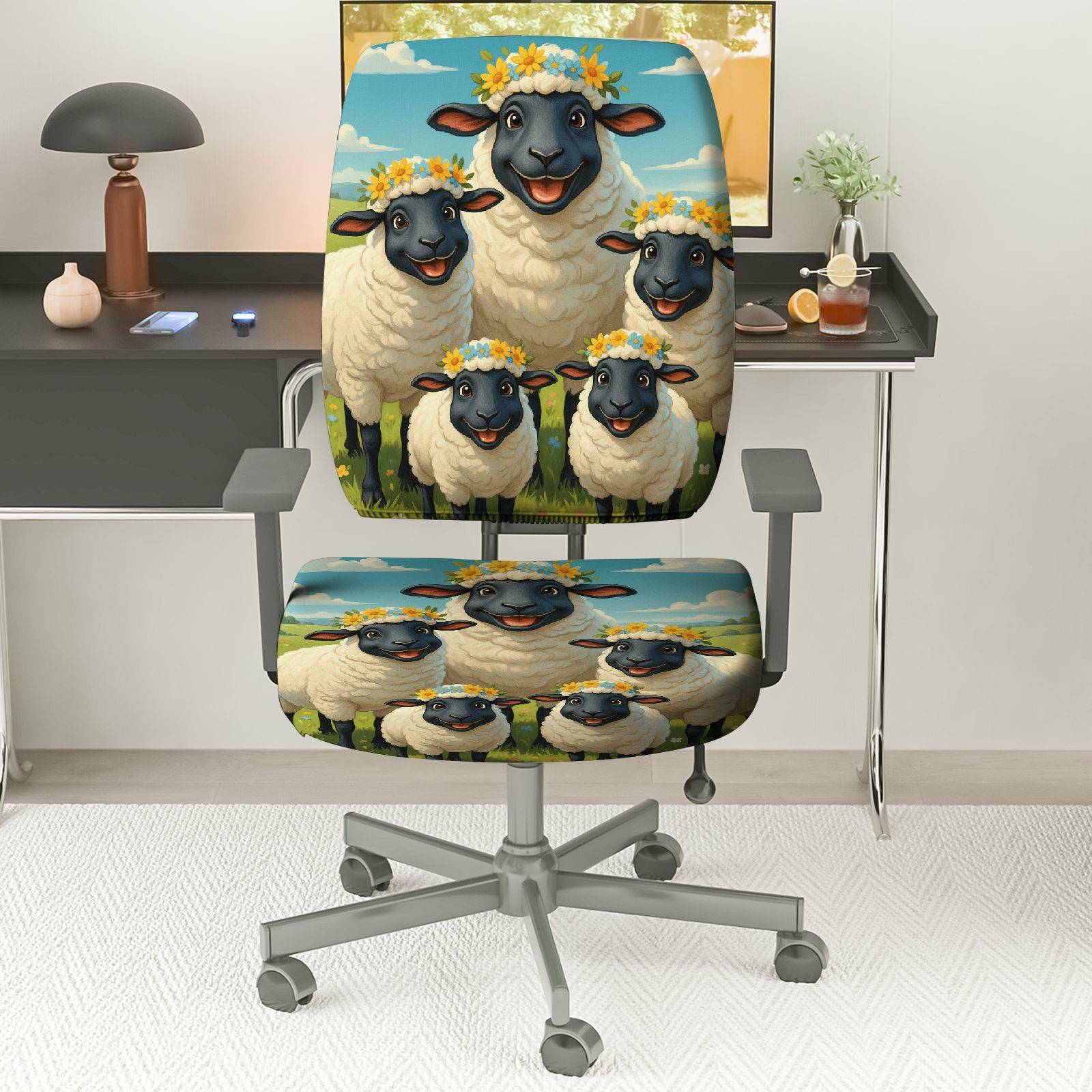 2-Piece Cute Sheep Floral Farm Animal Pastoral Cozy  Computer Chair Cover Set, Seat and Backrest
